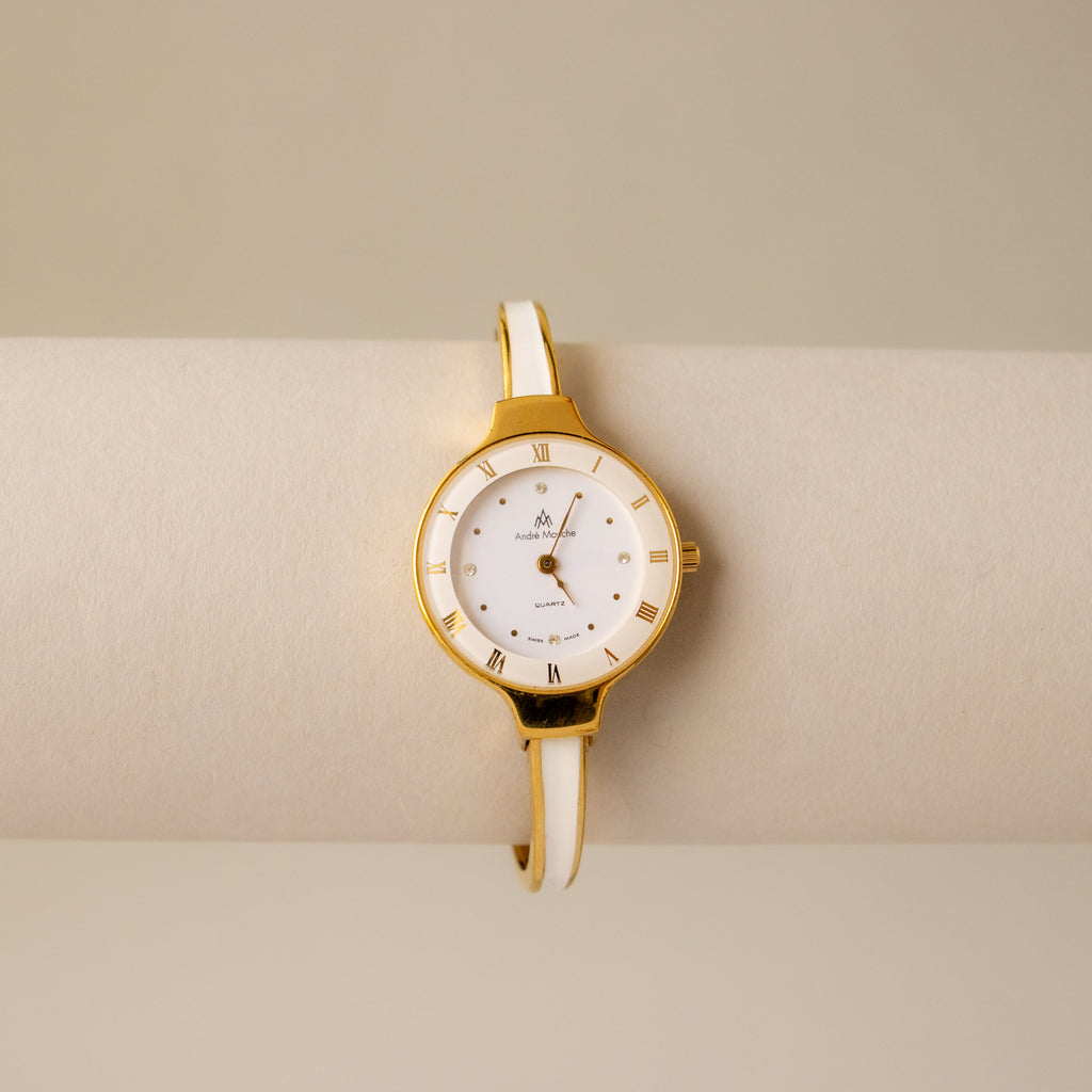 Vintage Andre Mouche Swiss White Cuff Gold Watch