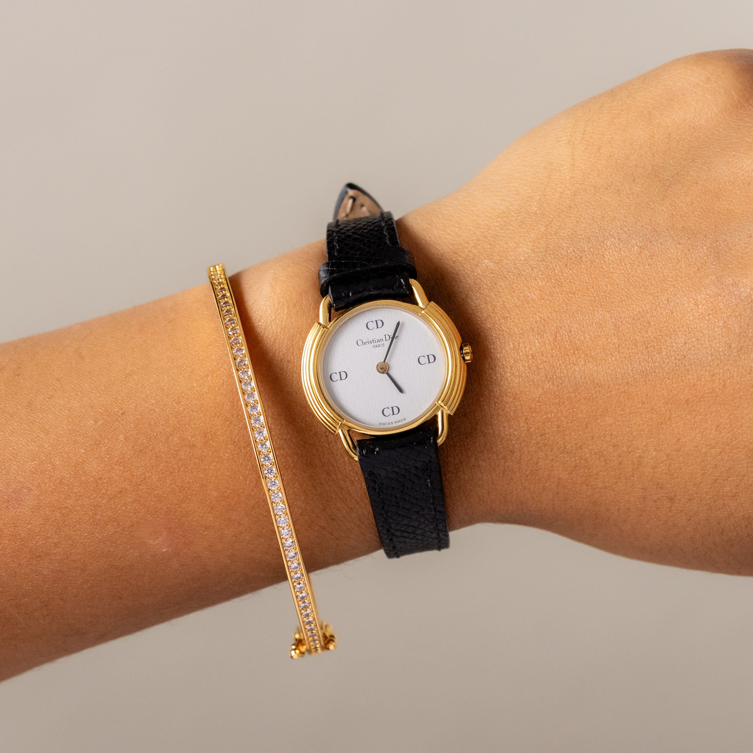 Vintage Christian Dior Swiss Black Strap Gold Watch