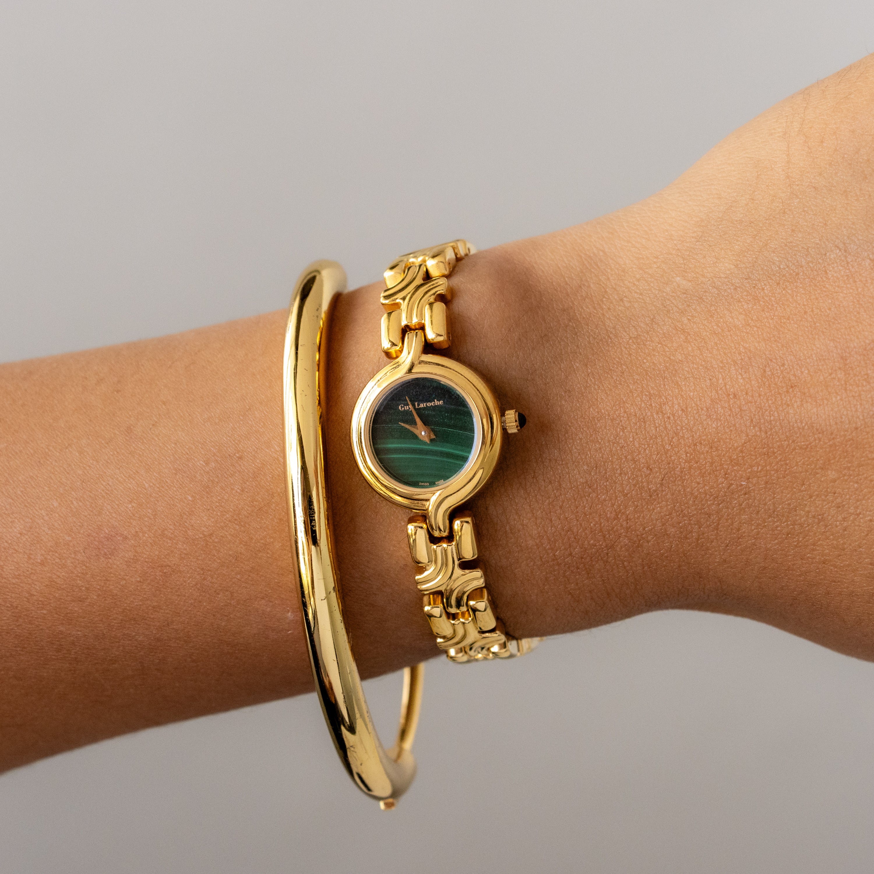 Vintage Guy Laroche Swiss Malachite Gold Watch