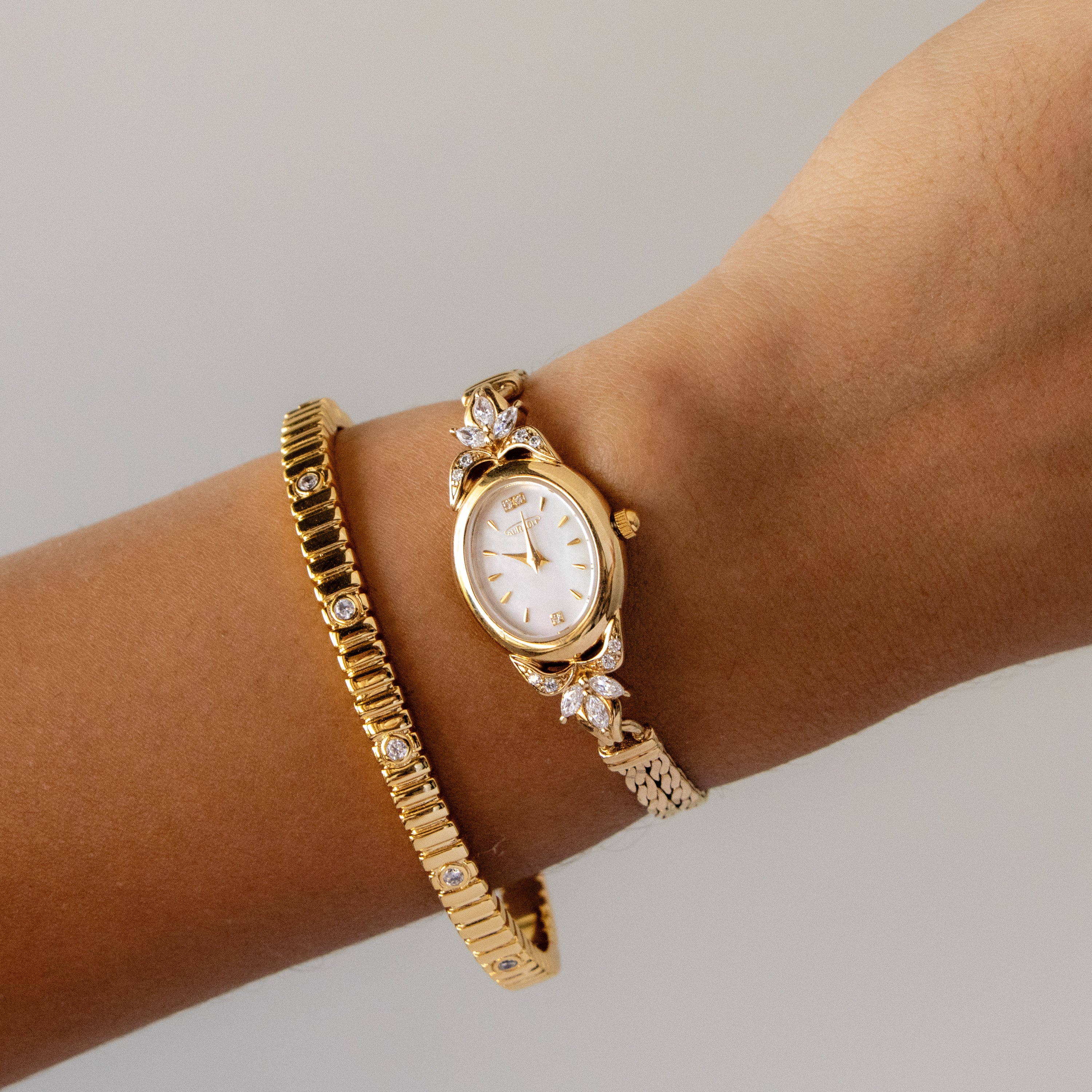 Vintage Aureole Regal Oval Pearl Gold Watch