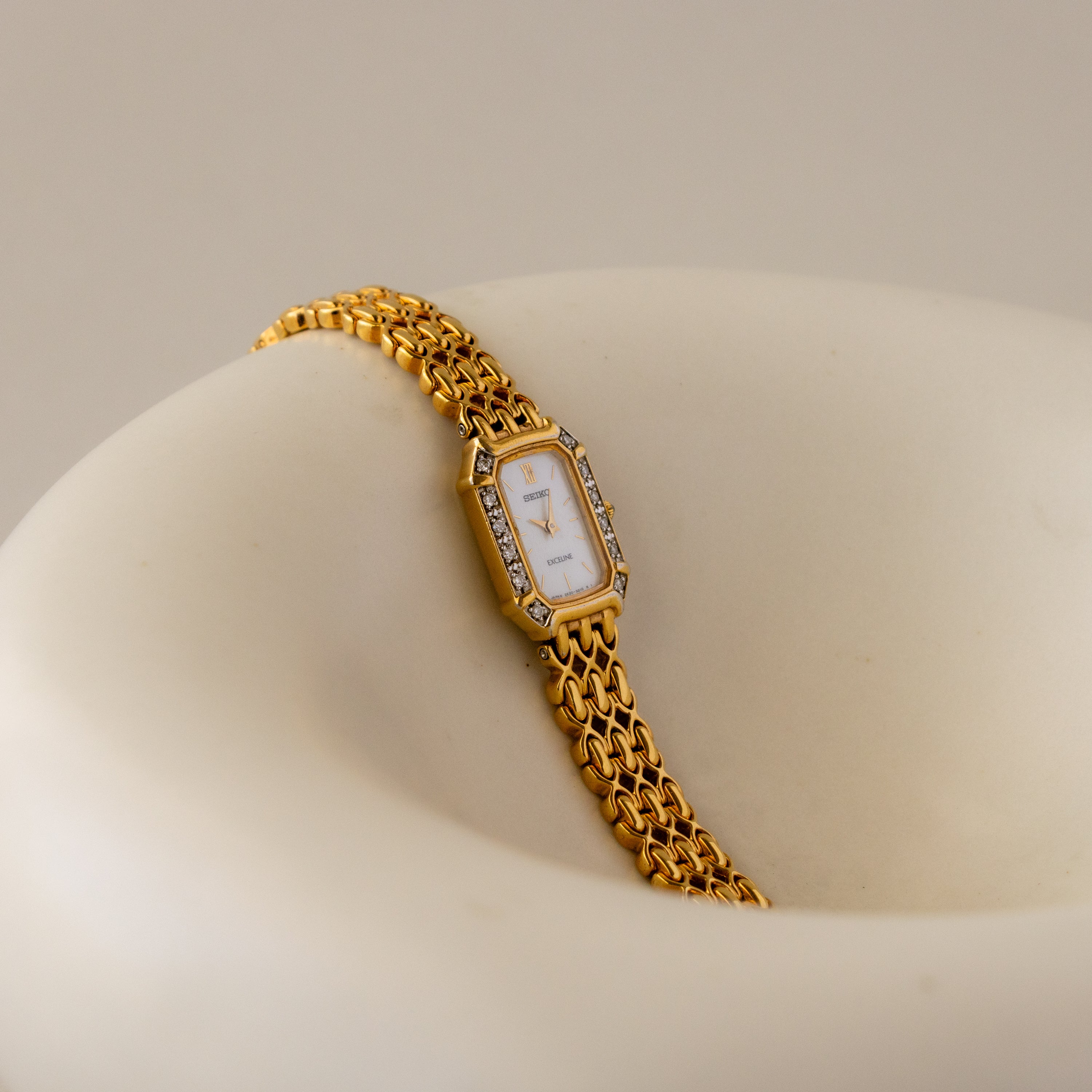 Vintage Seiko Rectangular Pave Lattice Gold Watch