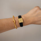 Vintage Rado Swiss Rectangular Black Leather Gold Watch