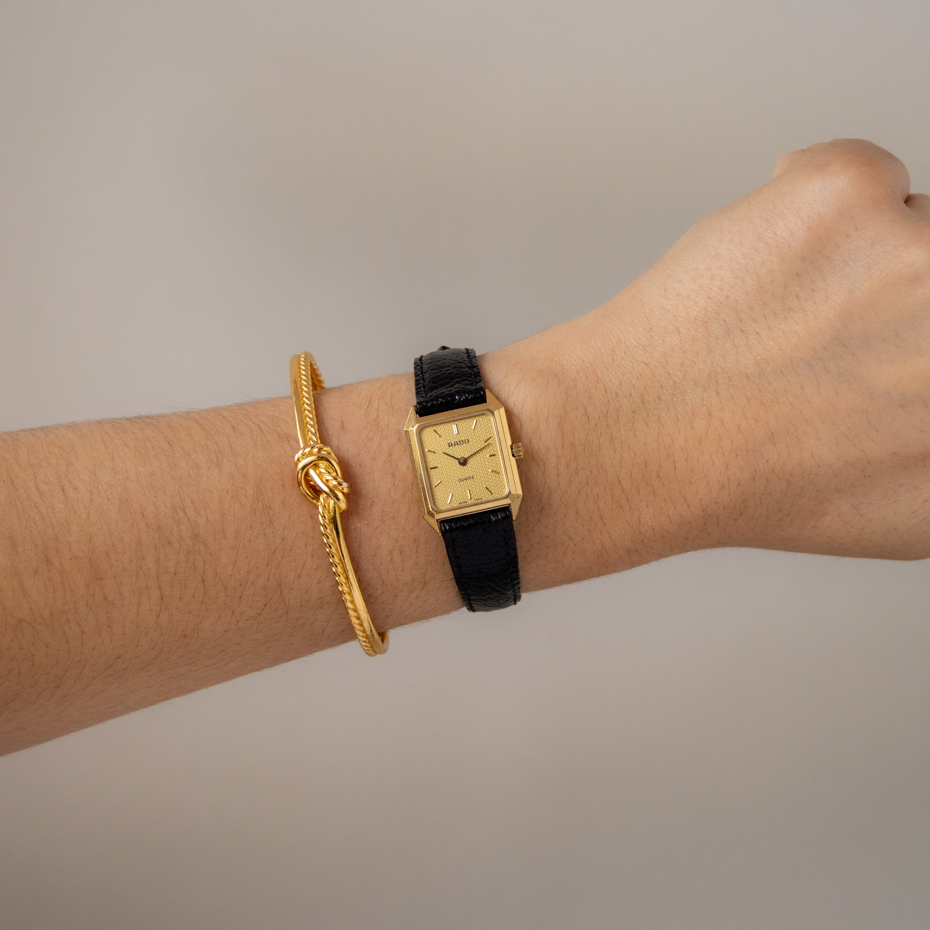 Vintage Rado Swiss Rectangular Black Leather Gold Watch