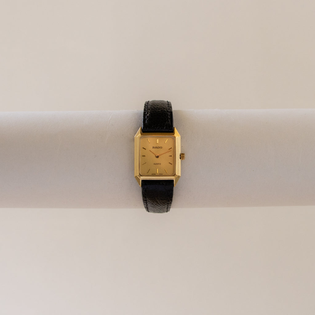 Vintage Rado Swiss Rectangular Black Leather Gold Watch