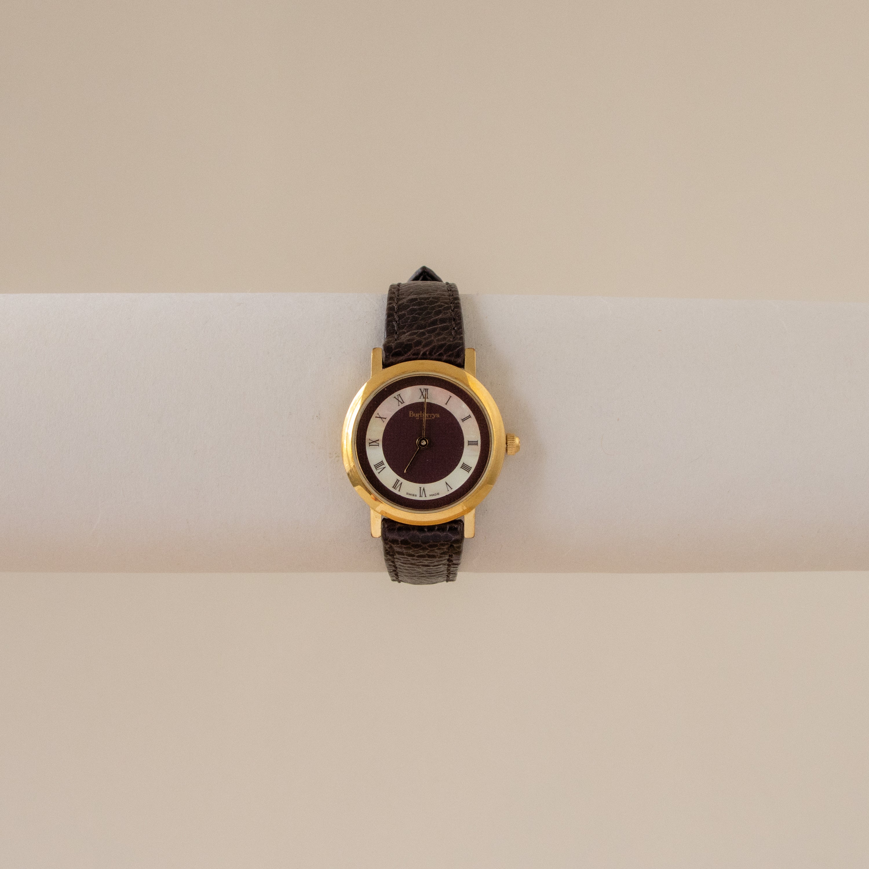 Vintage Burberrys Swiss Burgundy Pearl Gold Watch