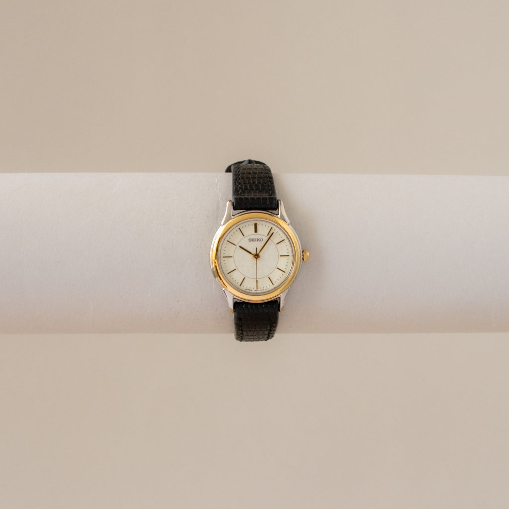 Vintage Seiko Round Black Leather Two Tone Watch