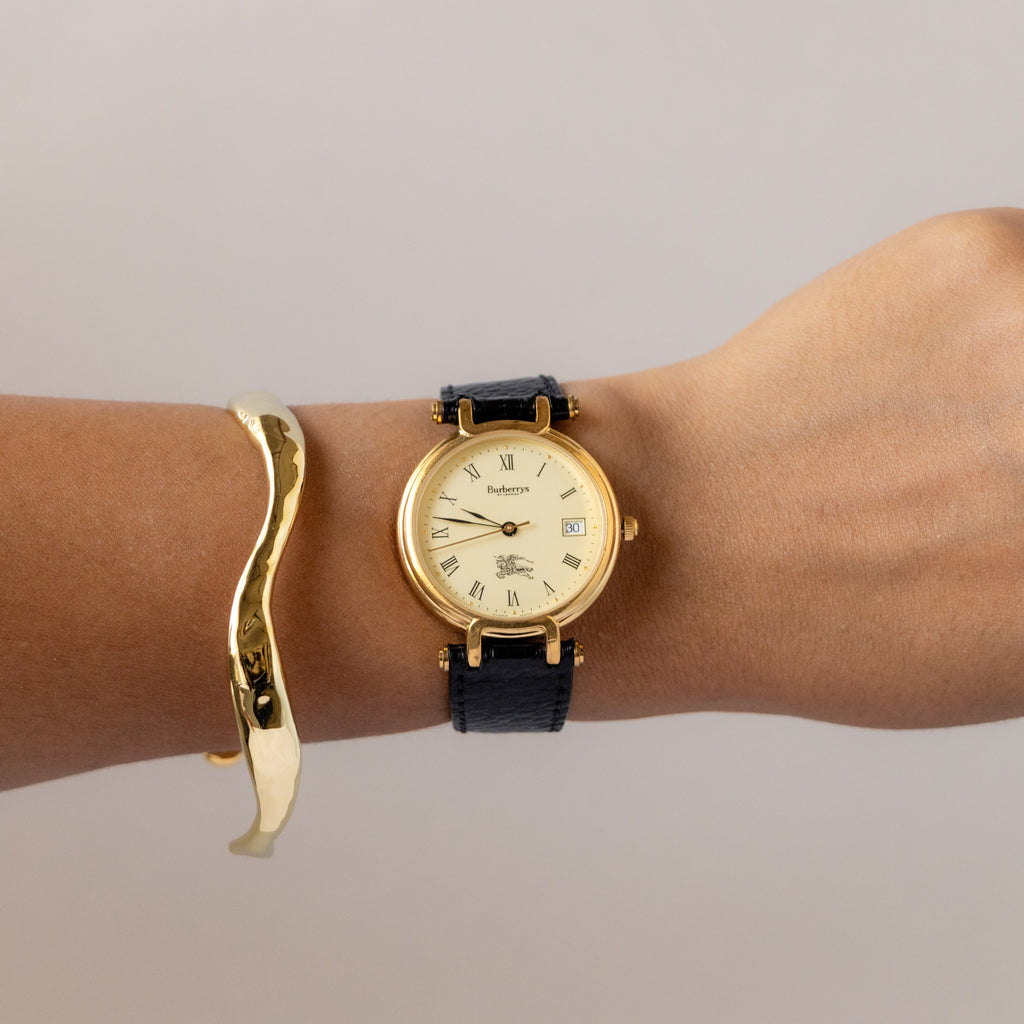 Vintage Burberrys Swiss Roman Black Leather Gold Watch