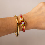 Vintage J-Axis Red Floral Locket Cuff Gold Watch