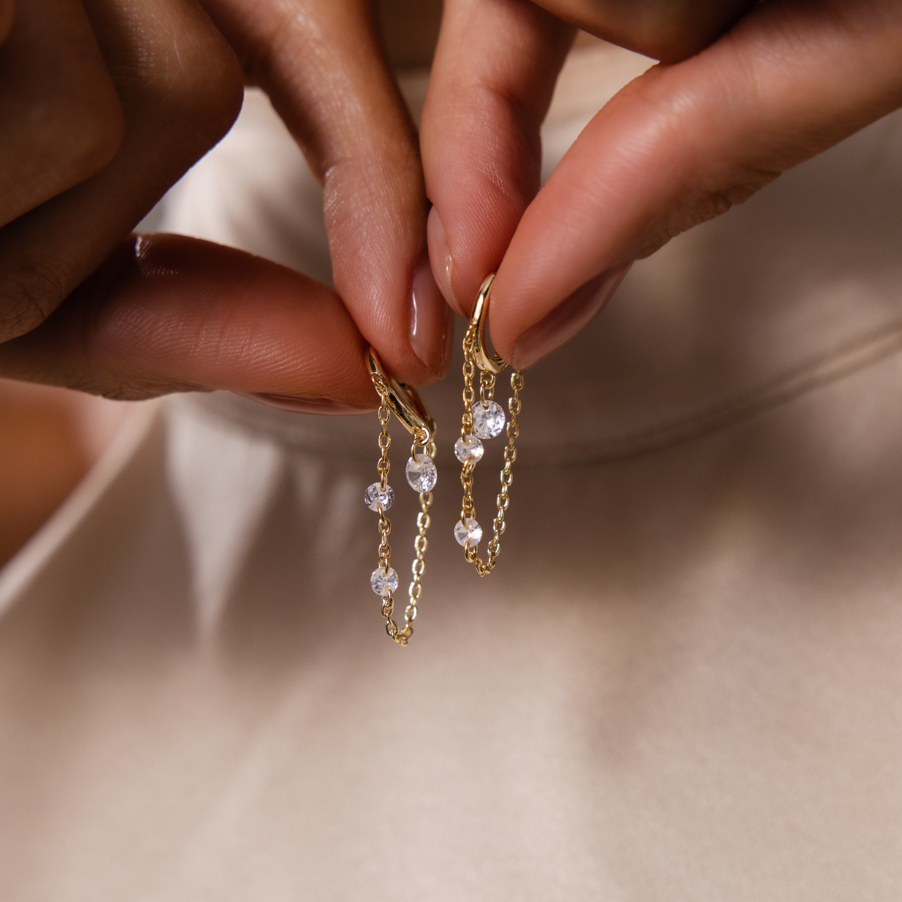 Crystal Chain Drop Huggies in 18K Gold
