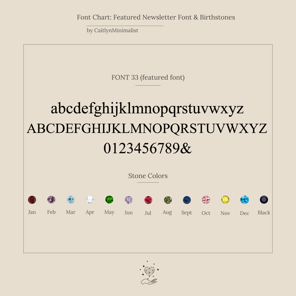 Font chart displays sample letters, numbers, and birthstone dots for each month—perfect for personalizing your Tiny Initial Tag Necklace. Also includes a classic black stone option for added customization.
