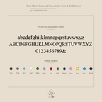 Font chart displays sample letters, numbers, and birthstone dots for each month—perfect for personalizing your Tiny Initial Tag Necklace. Also includes a classic black stone option for added customization.