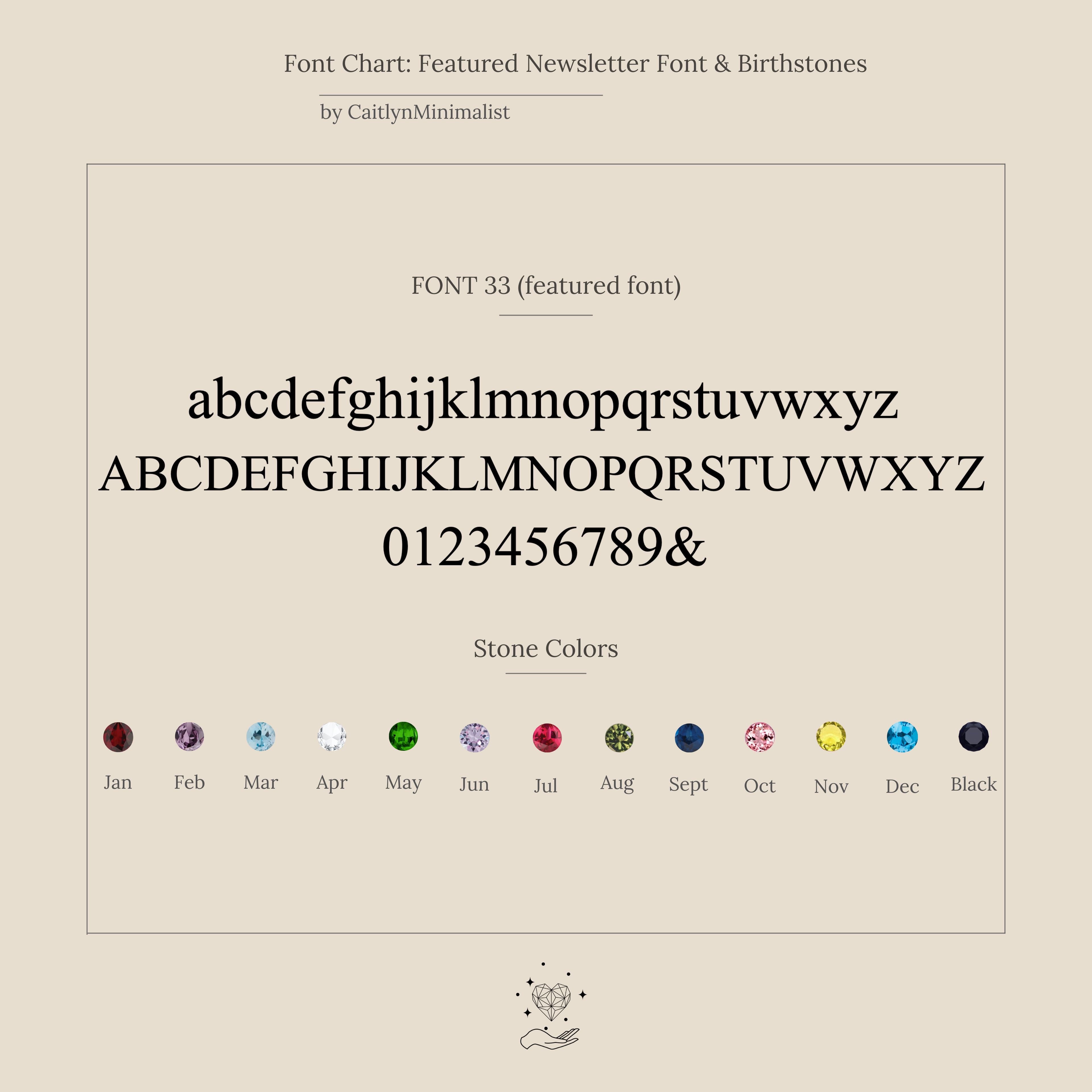 Font chart displays sample letters, numbers, and birthstone dots for each month—perfect for personalizing your Tiny Initial Tag Necklace. Also includes a classic black stone option for added customization.