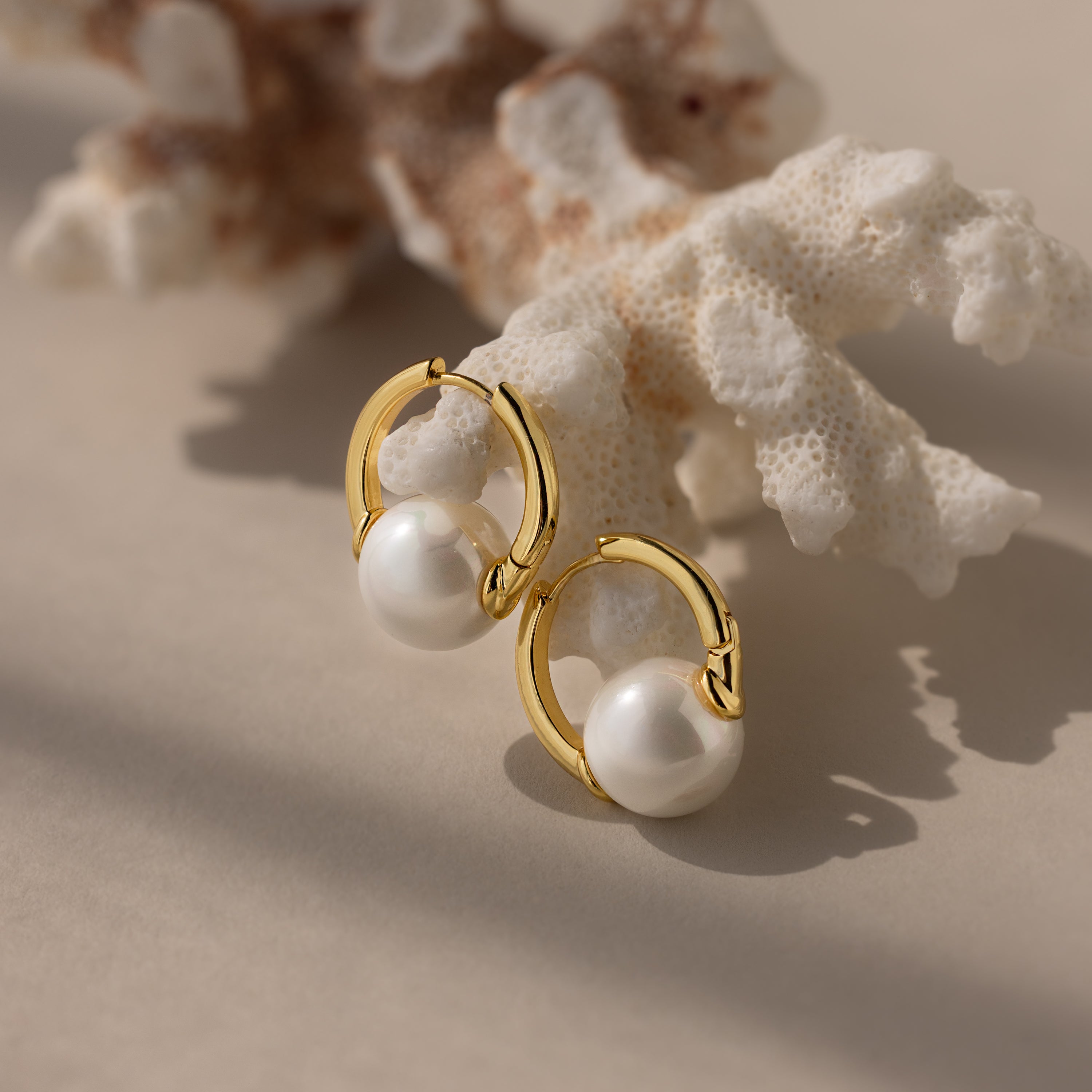 Bold Round Pearl Hoops featuring white pearls rest on white coral in gentle natural light—perfect statement earrings for every occasion.