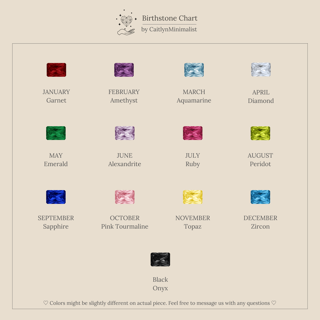 A chart displaying each month's birthstone as a colored gem, plus black onyx—ideal for designing your own Space Baguette Birthstone Ring.
