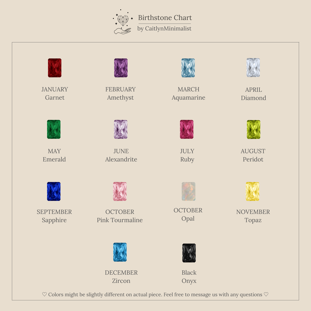 A birthstone chart by month with colored gems and names—ideal for selecting gemstones to customize your Toi et Moi Birthstone Bracelet.
