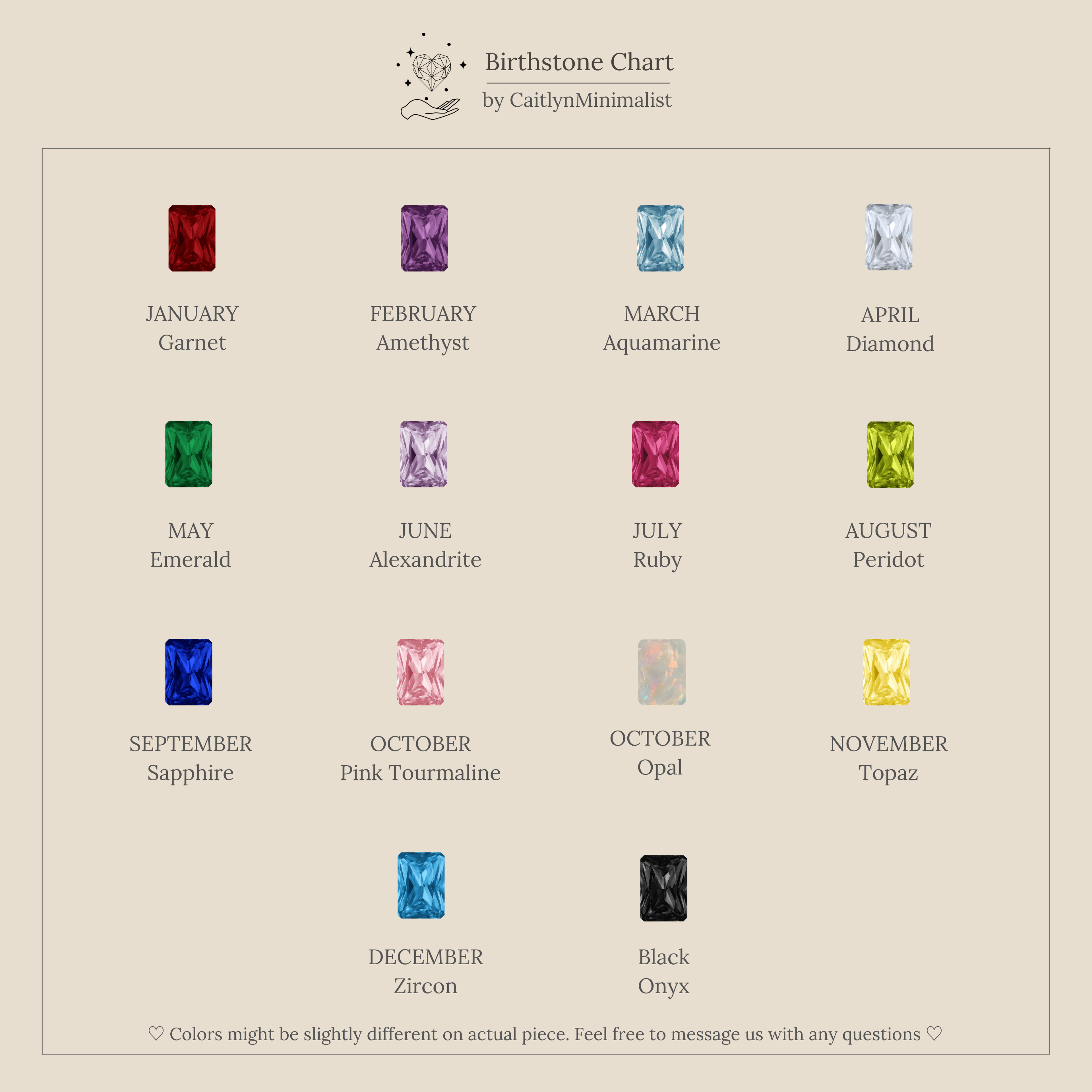 A birthstone chart by month with colored gems and names—ideal for selecting gemstones to customize your Toi et Moi Birthstone Bracelet.