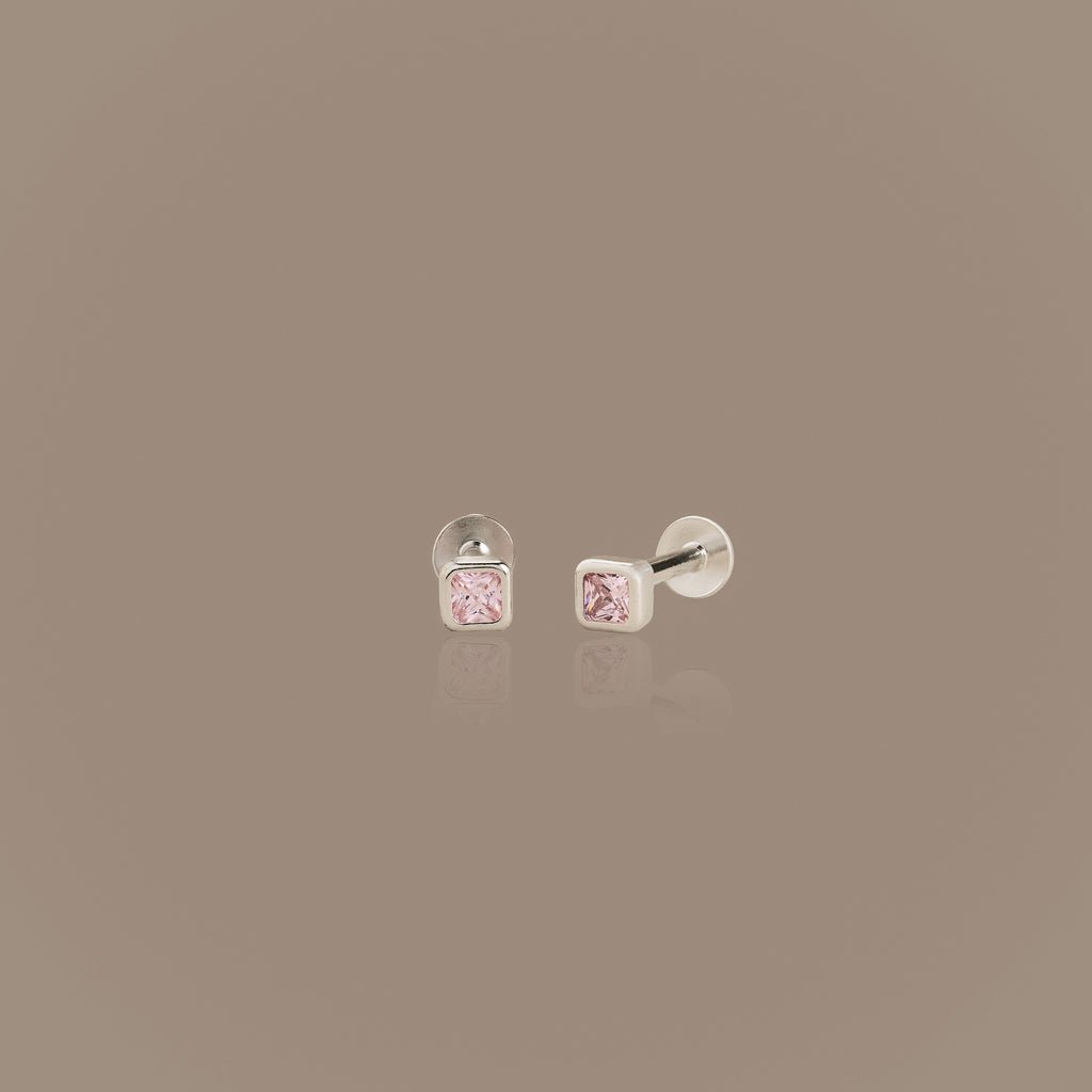 Square Bezel Pink Tourmaline Flat Back Studs
