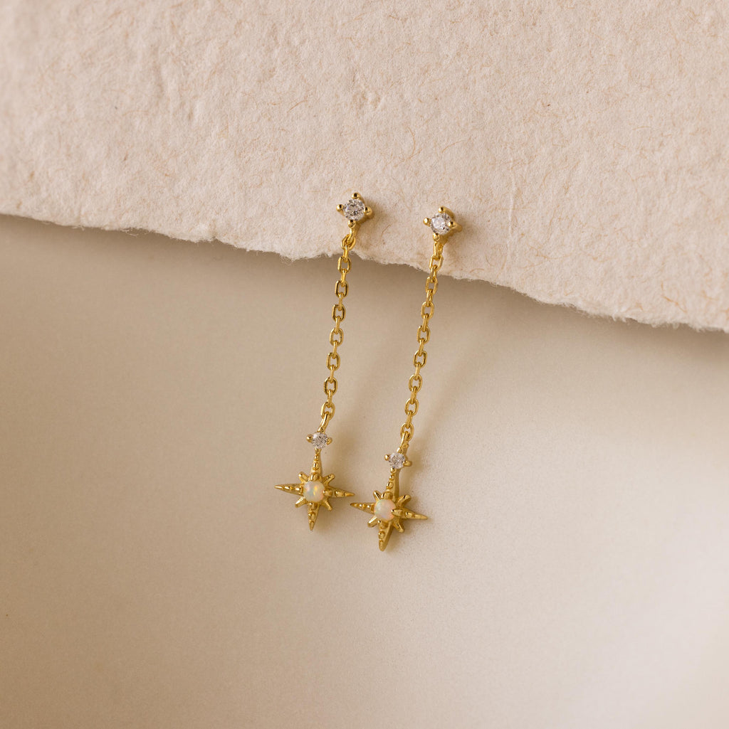 Close up of gold Starburst Chain Stud Earrings