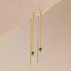 Agate Threader Earrings feature delicate chains and small green moss agate accents for a modern, elegant touch—beautifully showcased on a neutral background.