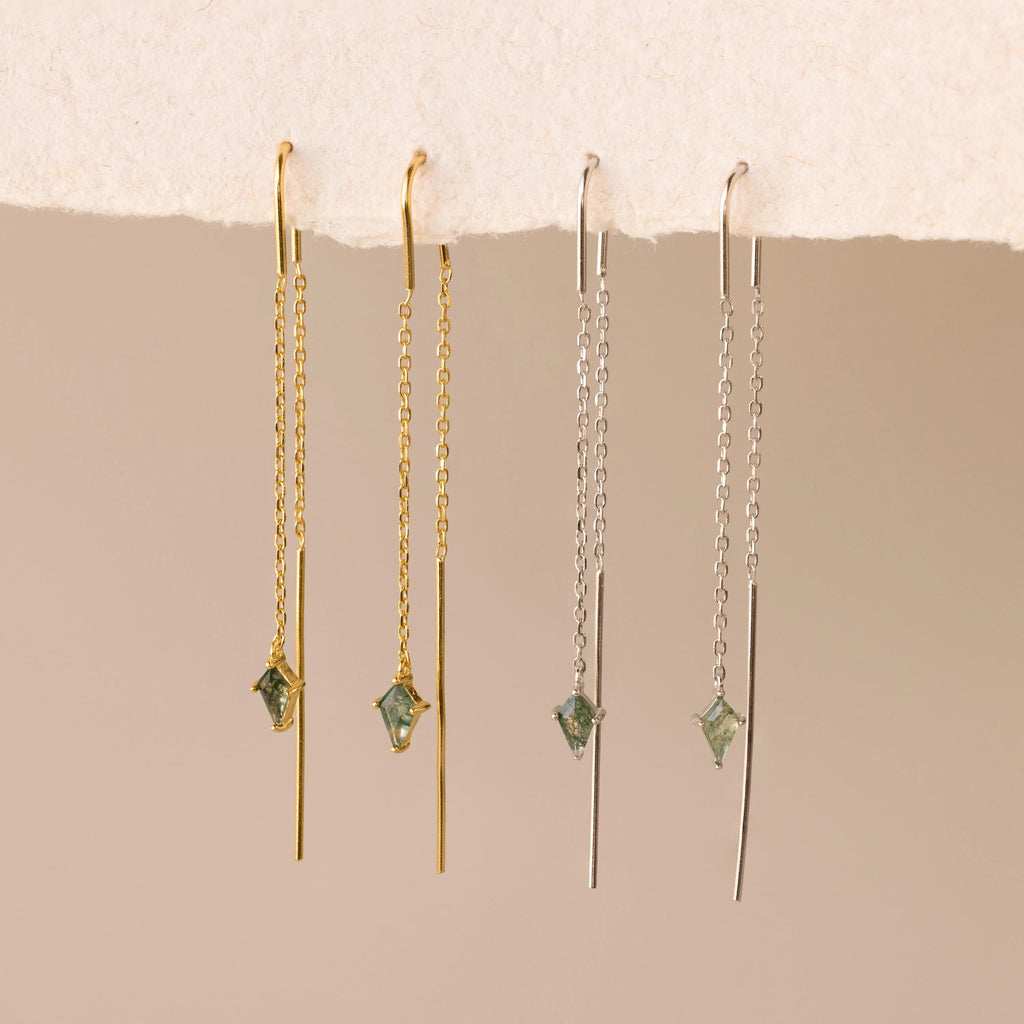 Two pairs of Agate Threader Earrings—one gold, one silver—each with a green gemstone and delicate chain for a modern look.