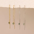 Two pairs of Agate Threader Earrings—one gold, one silver—each with a green gemstone and delicate chain for a modern look.