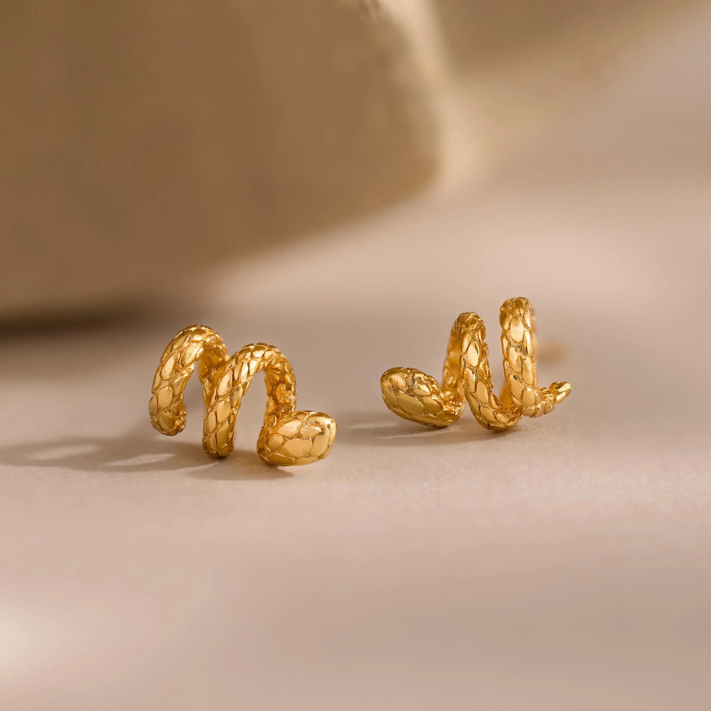 Close-up image of a pair of Twisted Snake Earrings in 18K gold vermeil, designed in a coiled snake silhouette. Each earring features a textured surface mimicking snake scales, with a smooth, rounded head and tail at either end of the spiral.