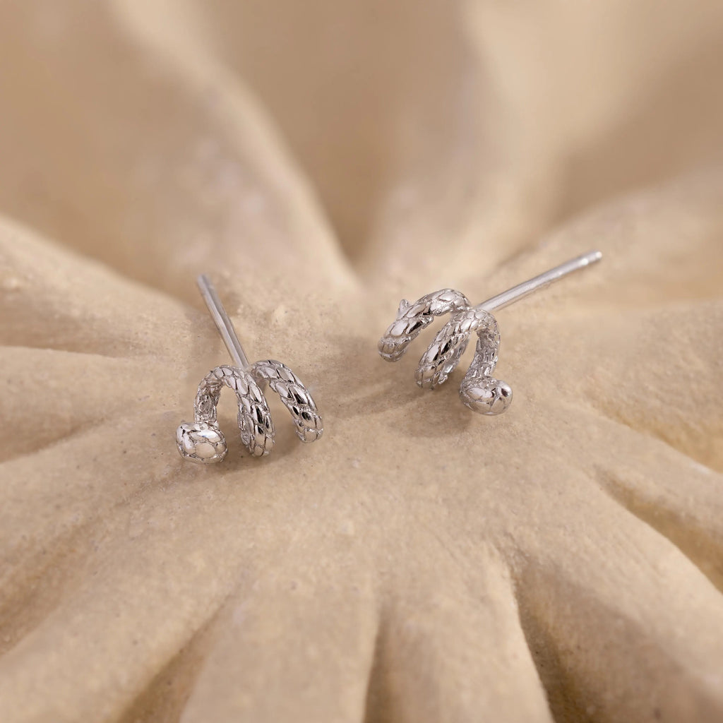 Pair of silver Twisted Snake Earrings displayed on a sandy-textured surface