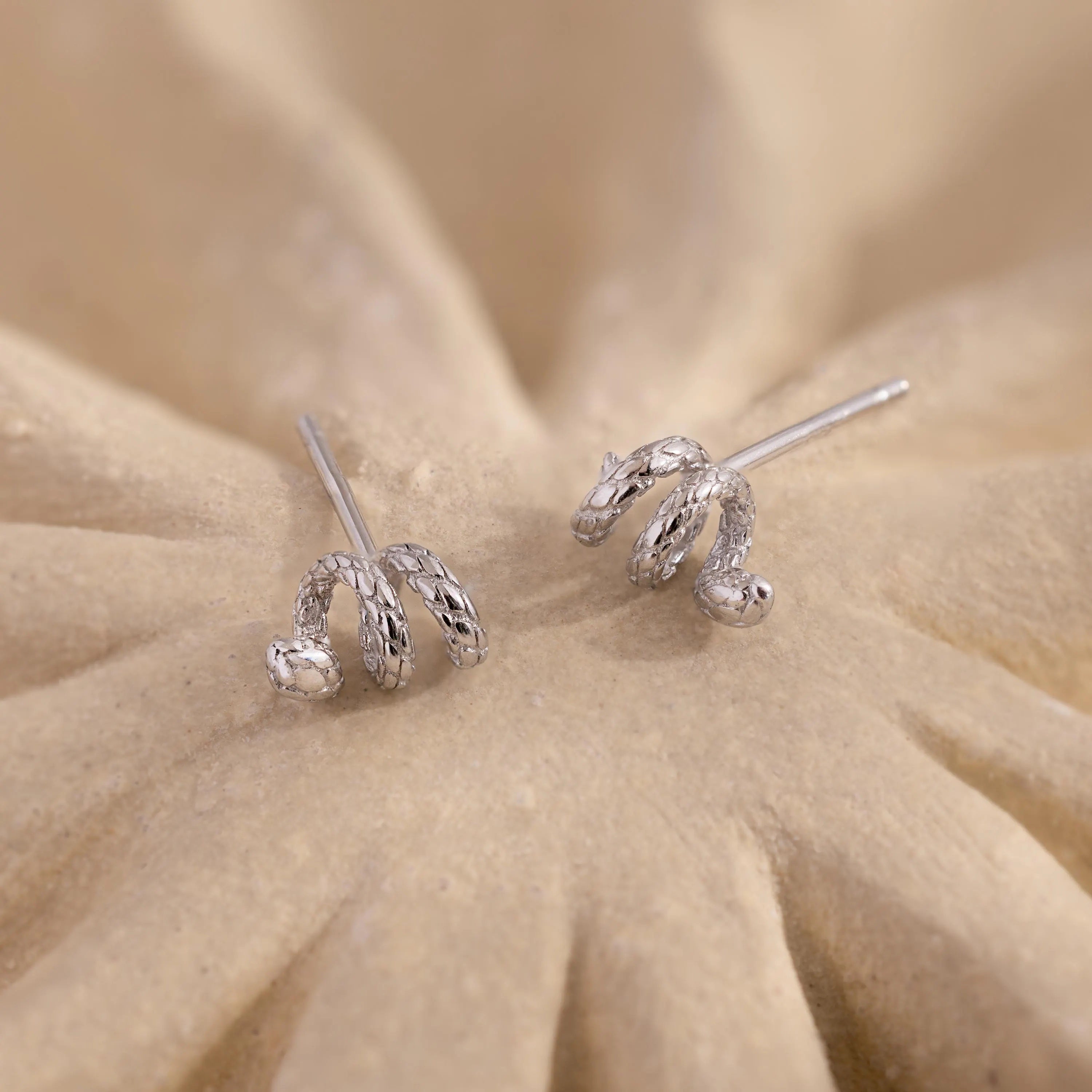 Pair of silver Twisted Snake Earrings displayed on a sandy-textured surface