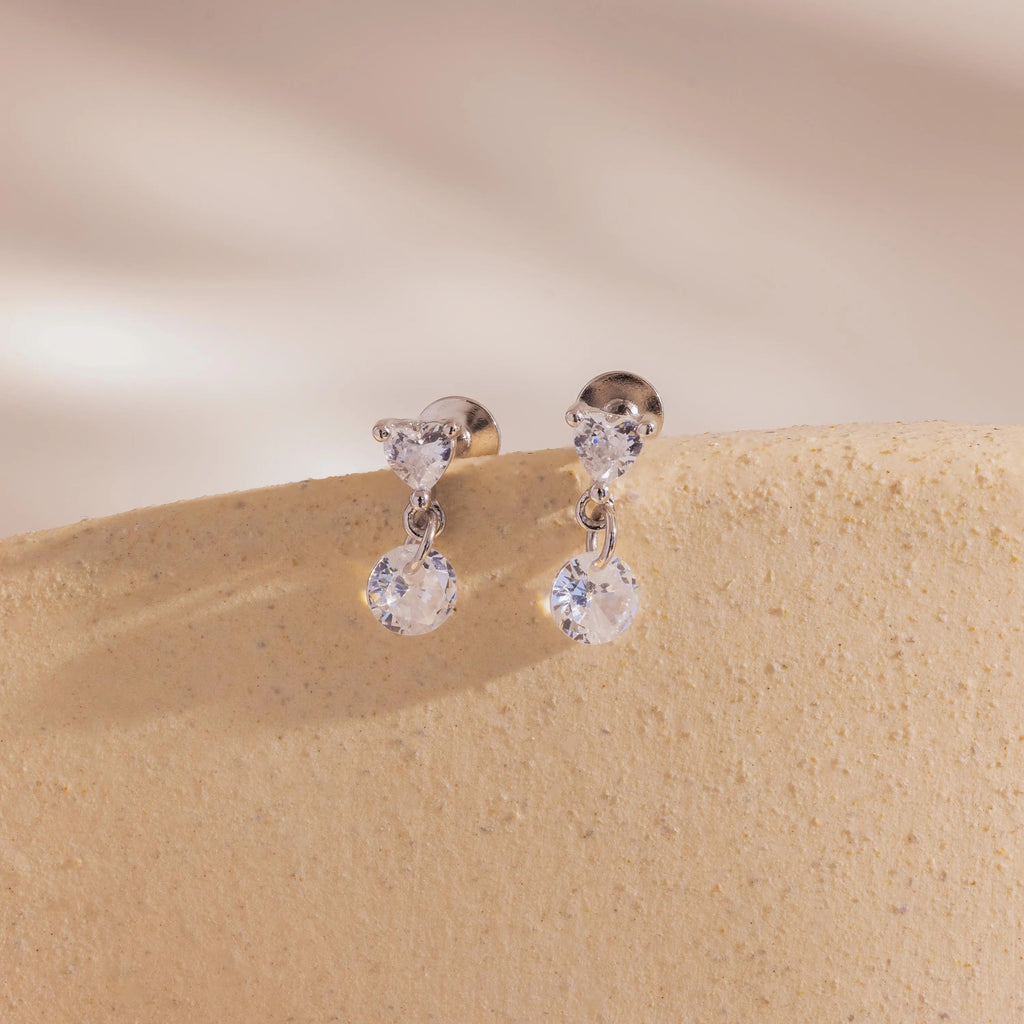 sterling silver flat back earrings with heart-shaped studs and clear crystal drops