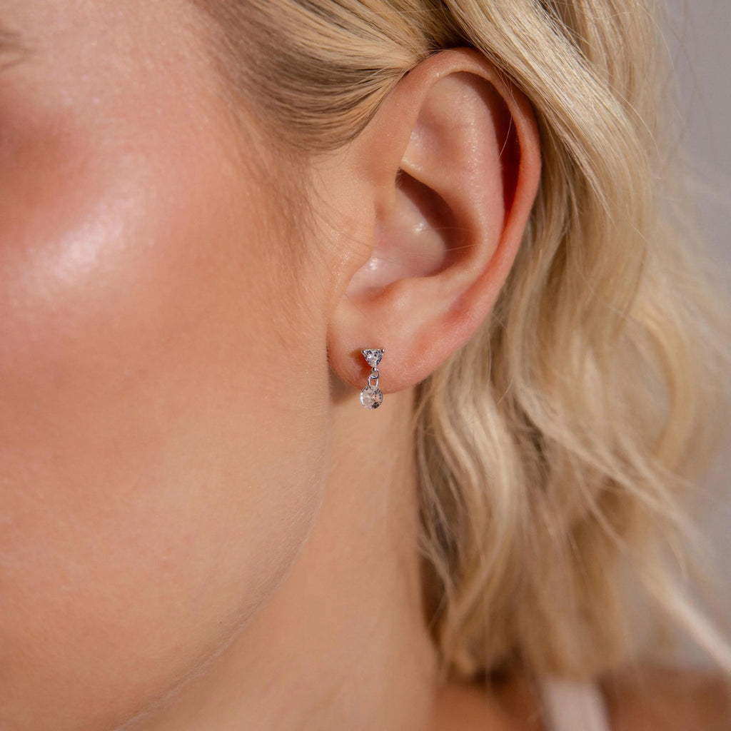 sterling silver flat back earrings with heart-shaped studs and clear crystal drops