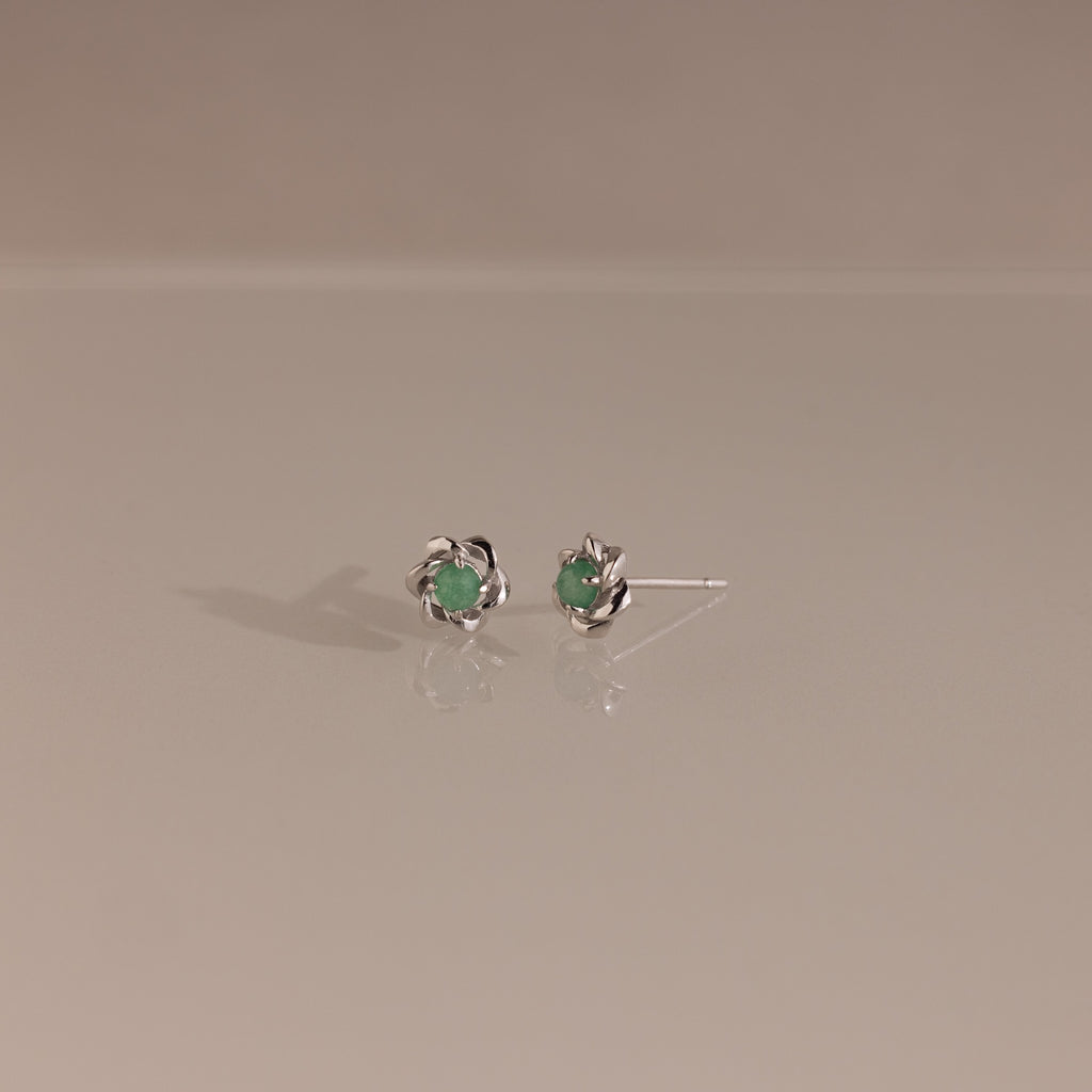 Mini Jade Flower Studs in Silver