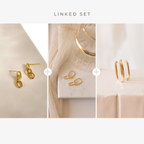 Three pairs of Linked Earrings Set from our jewelry collection are displayed on neutral backgrounds, with the text "Linked Set" above.