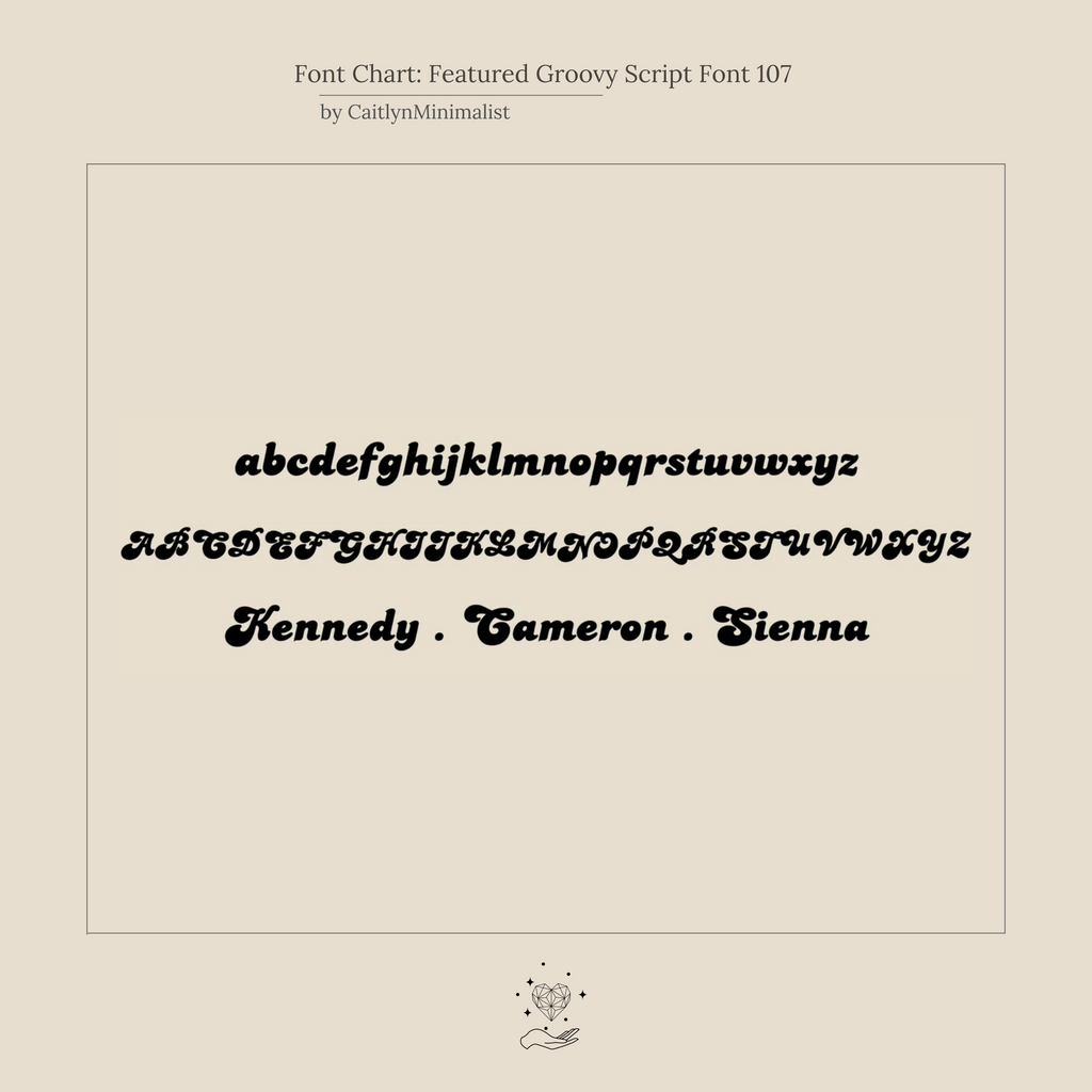Font chart showcasing lowercase, uppercase, and sample names in a retro script font on beige—ideal for designing your Groovy Name Necklace in Box Chain or other custom jewelry pieces.