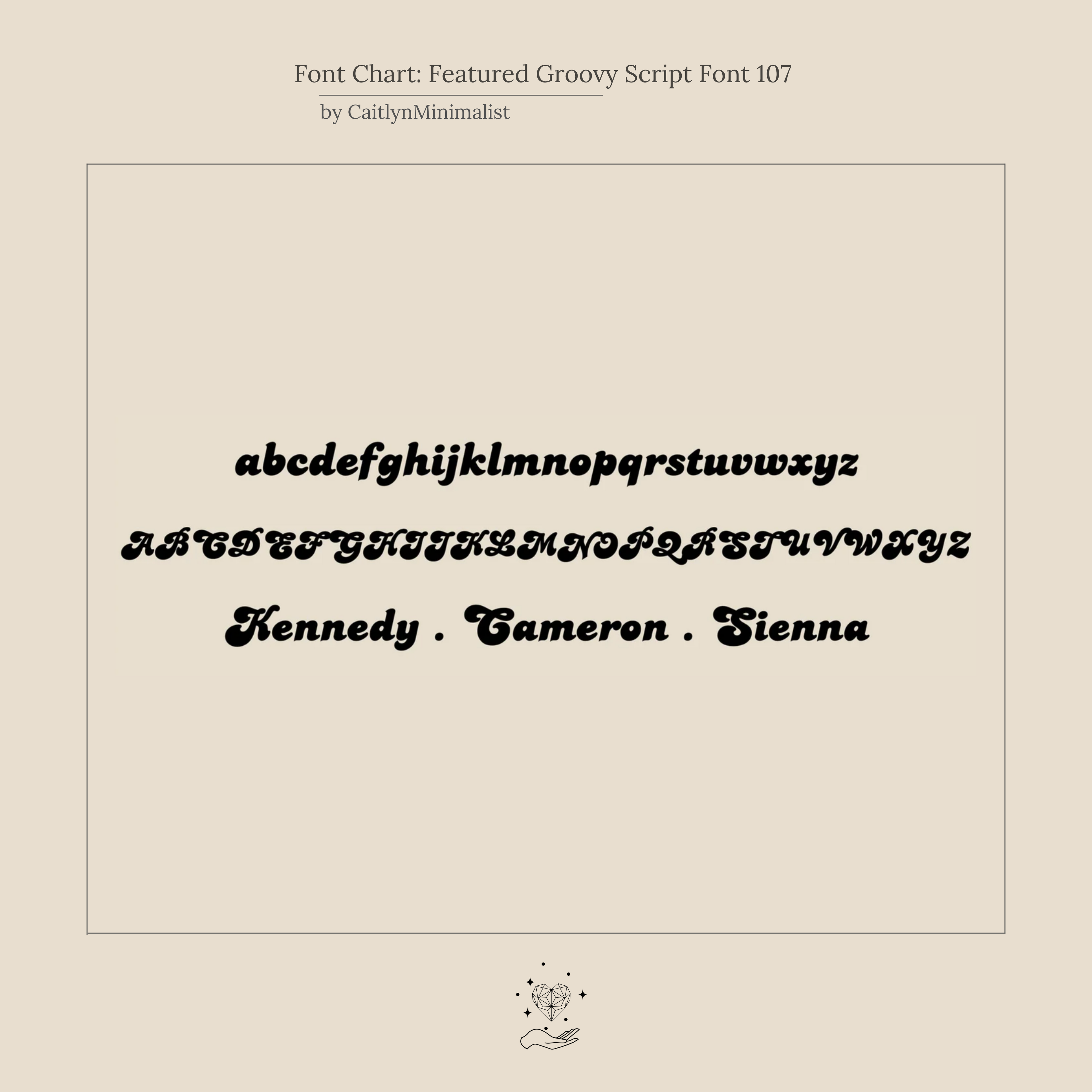 Font chart showcasing lowercase, uppercase, and sample names in a retro script font on beige—ideal for designing your Groovy Name Necklace in Box Chain or other custom jewelry pieces.