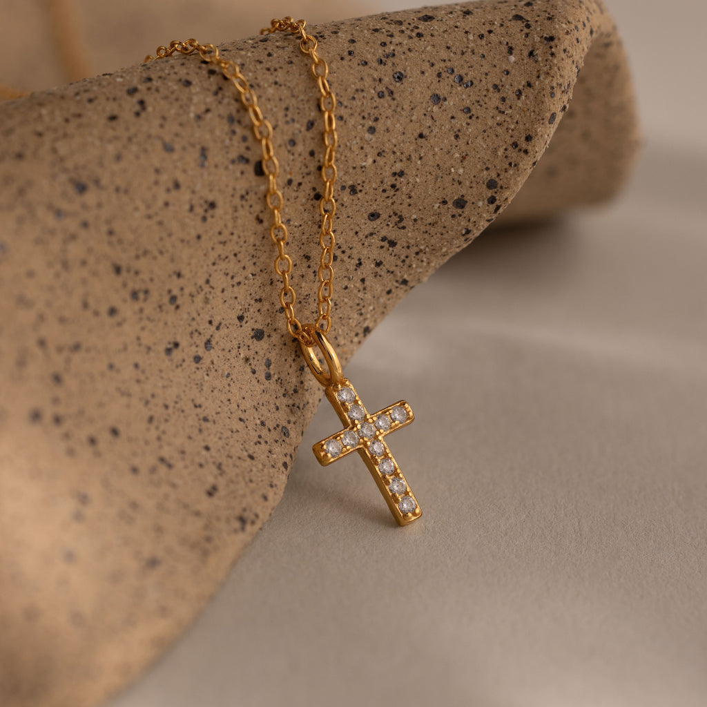 Dainty Diamond Cross Necklace in 18K Gold