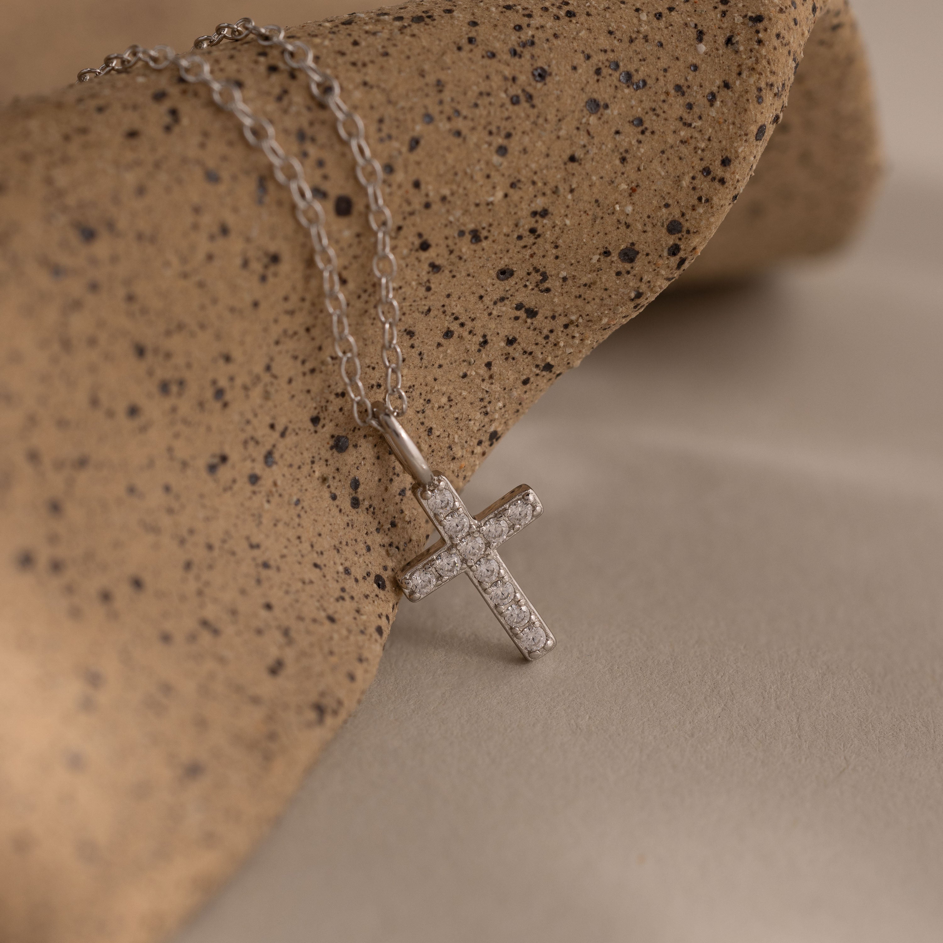 Dainty Diamond Cross Necklace in Sterling Silver