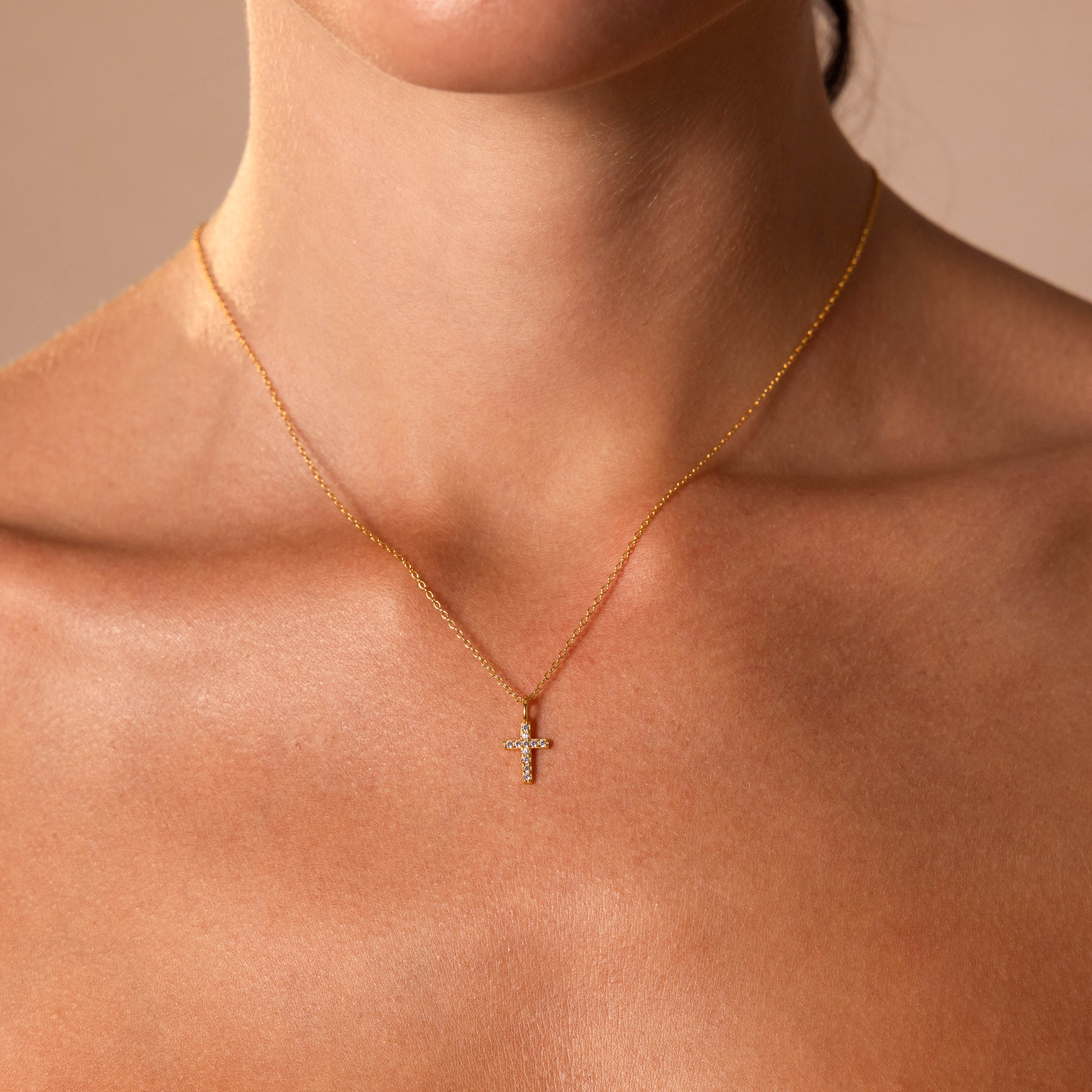 Dainty Diamond Cross Necklace in 18K Gold