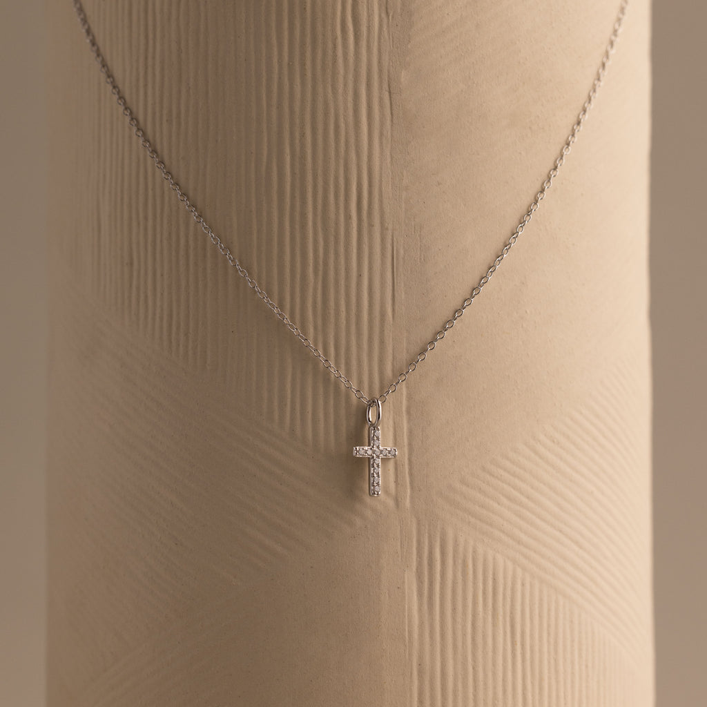 Dainty Diamond Cross Necklace in Sterling Silver
