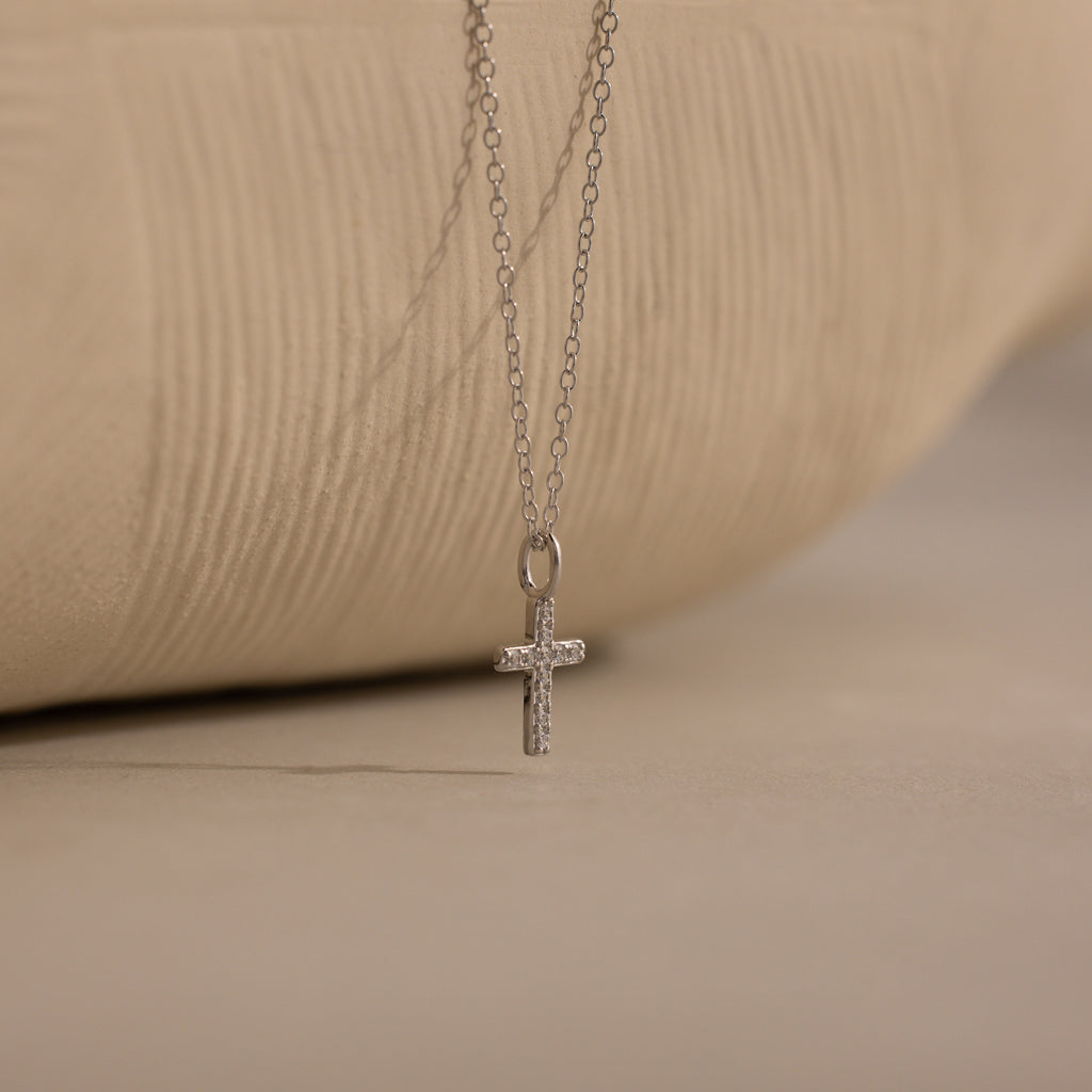 Dainty Diamond Cross Necklace in Sterling Silver