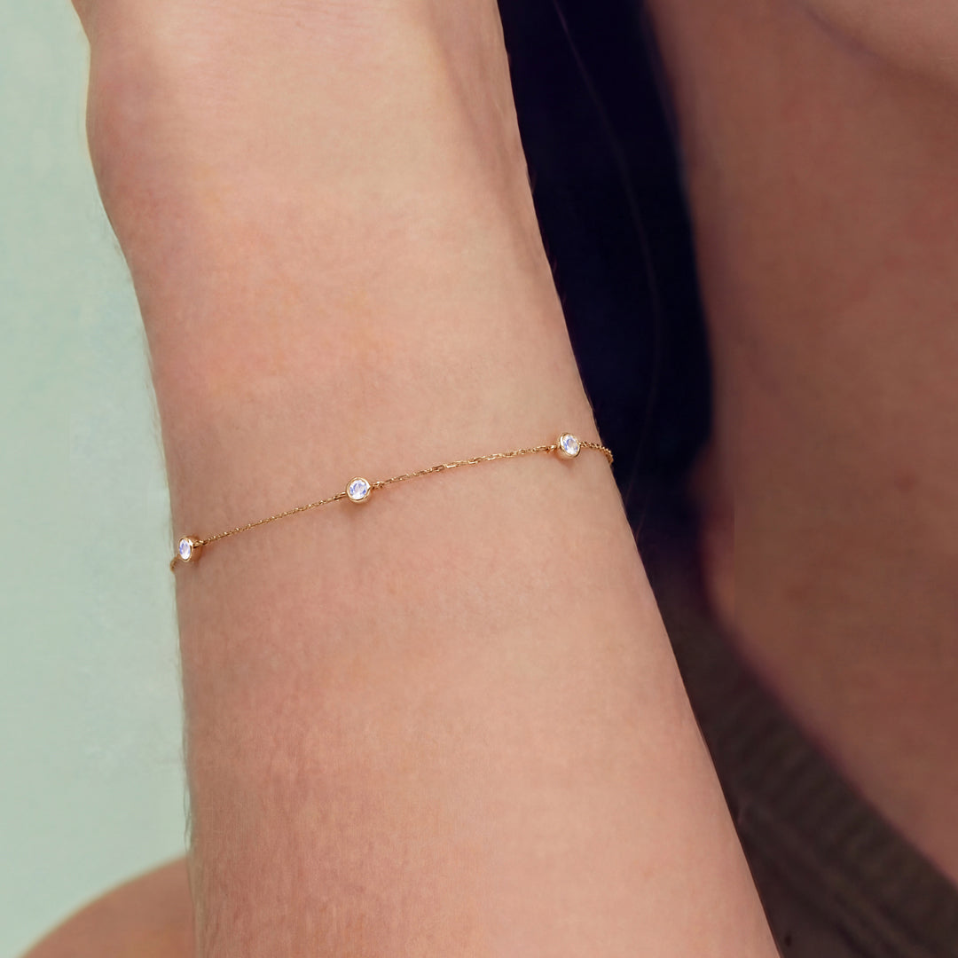 Solid Gold Bezel-Set Moonstone Station Bracelet