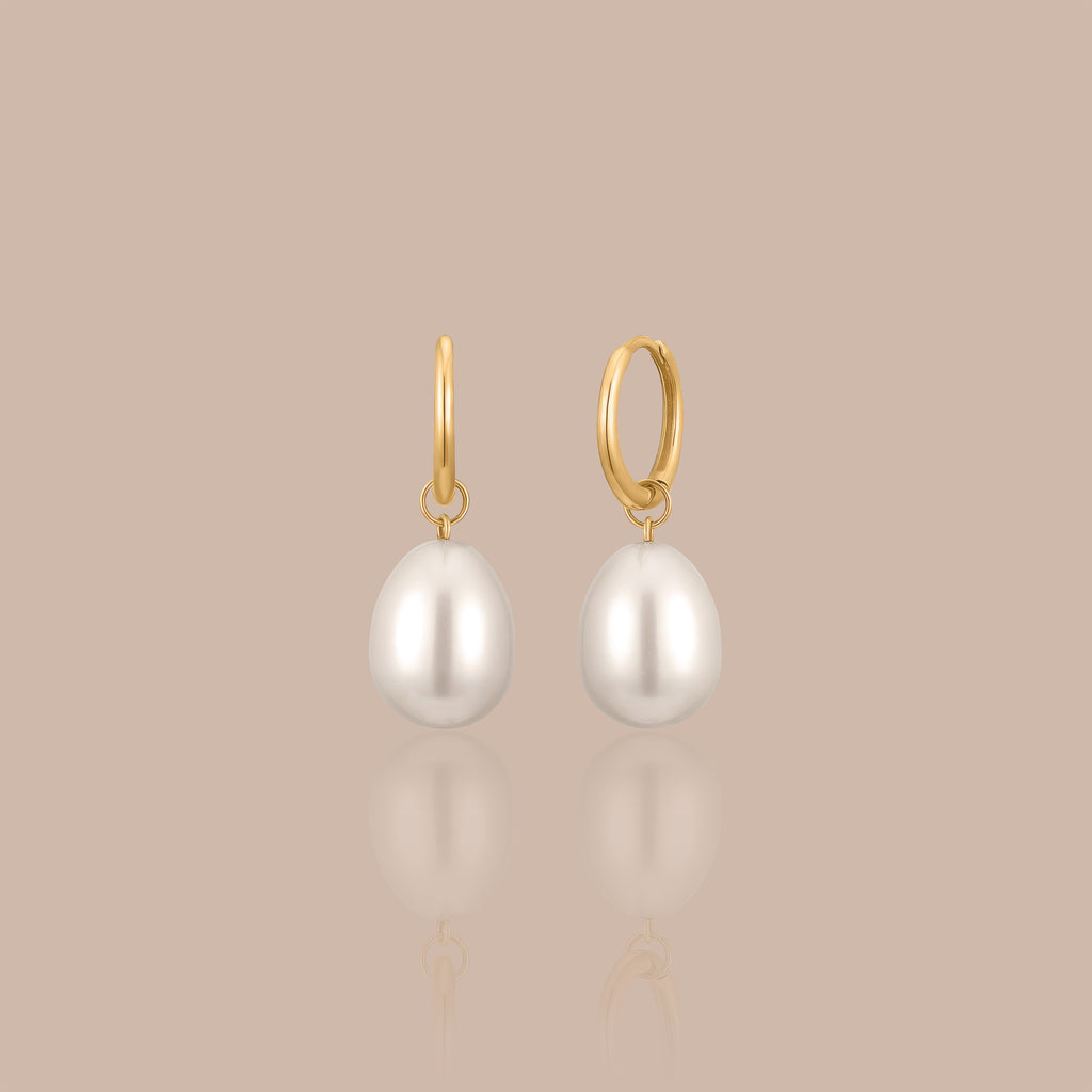Solid Gold Pearl Drop Hoop Earrings