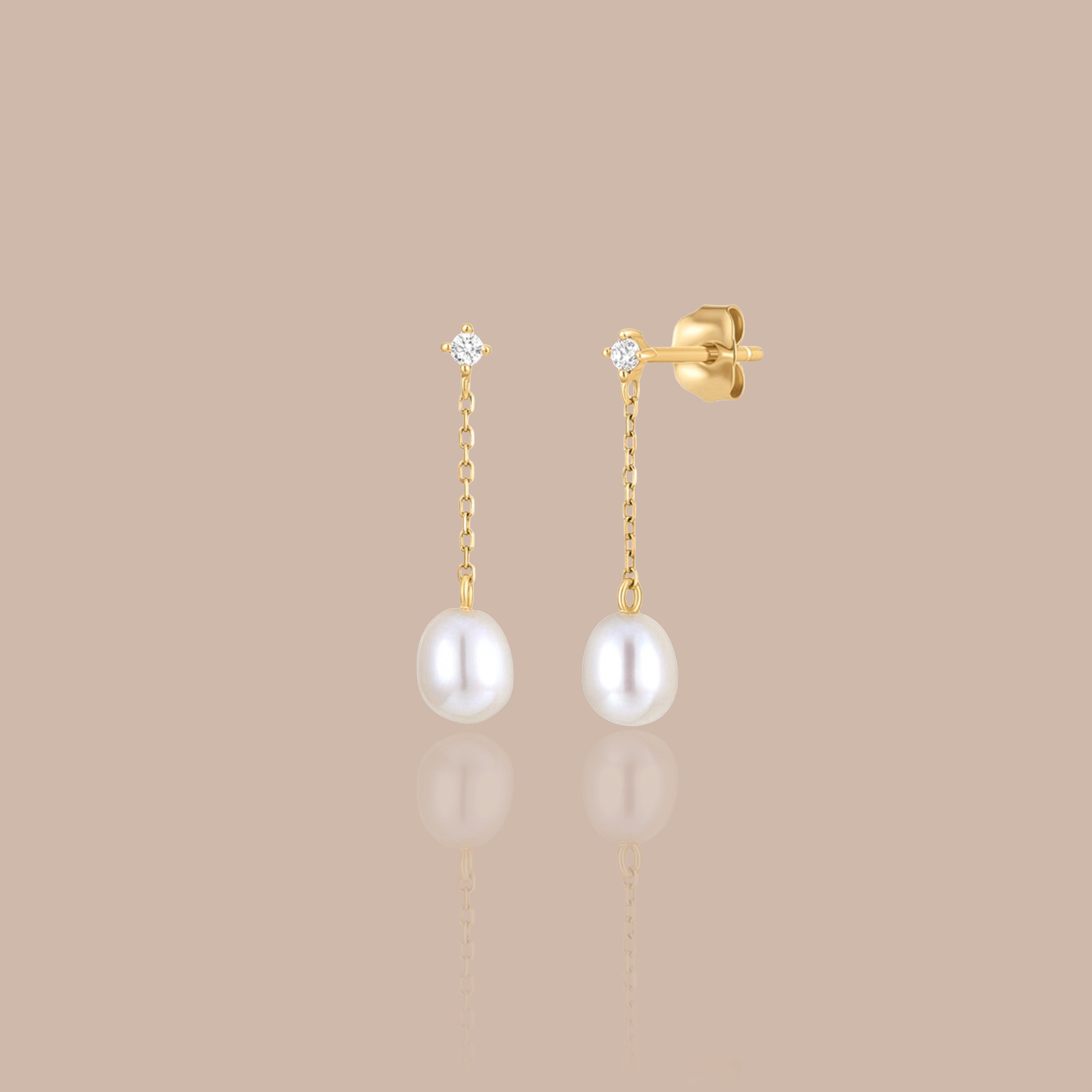Solid Gold Pearl & White Sapphire Drop Stud Earrings