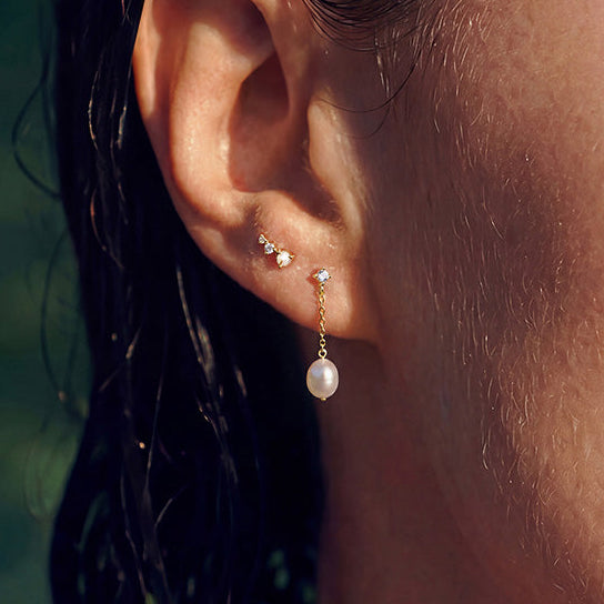 Solid Gold Pearl & White Sapphire Drop Stud Earrings