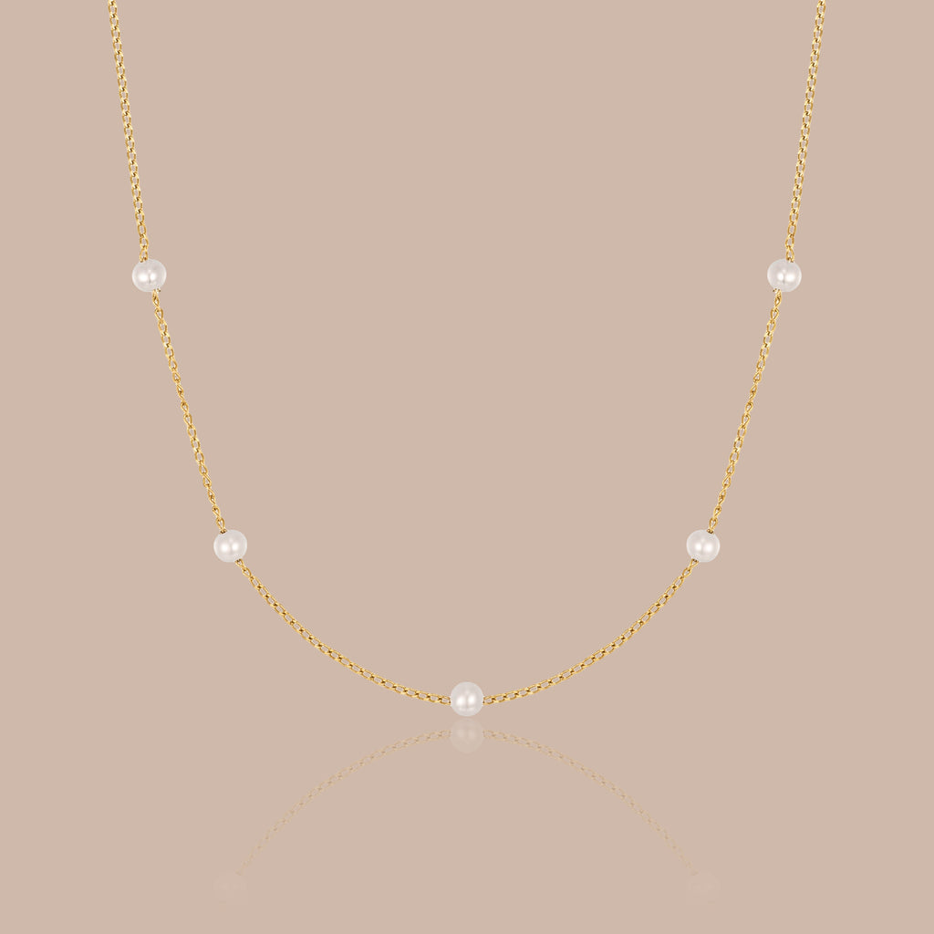 Solid Gold Pearl Station Chain Necklace