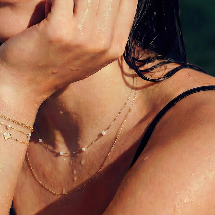 Solid Gold Pearl Station Chain Necklace