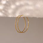 Close-up of finely textured gold hoop earrings suspended elegantly.