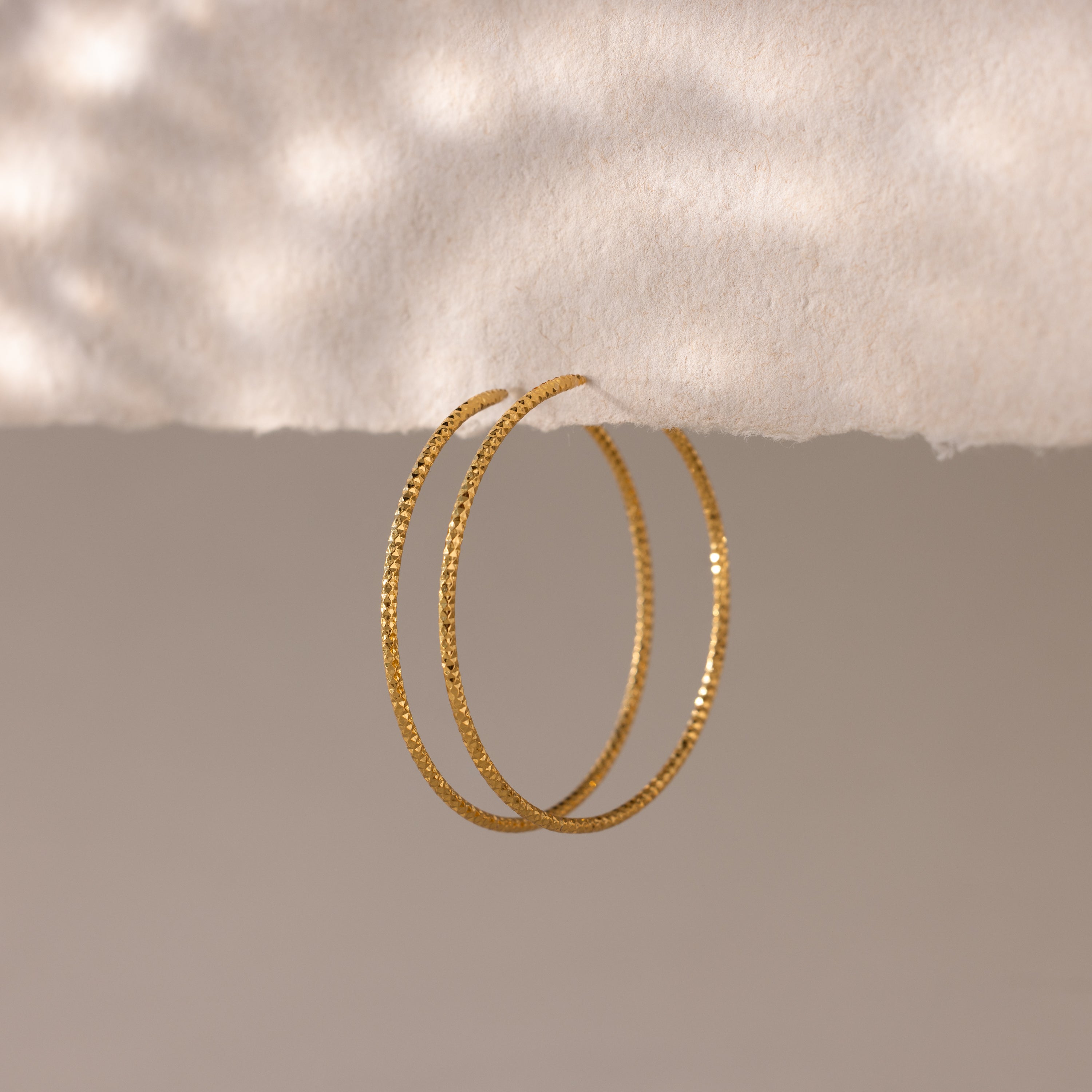 Close-up of finely textured gold hoop earrings suspended elegantly.