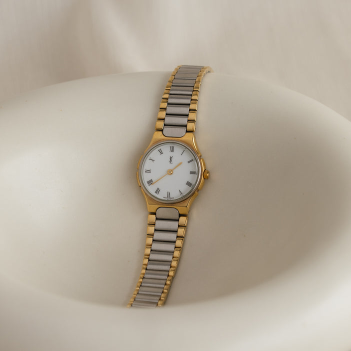 Vintage YSL Round Ribbed Two Tone Watch