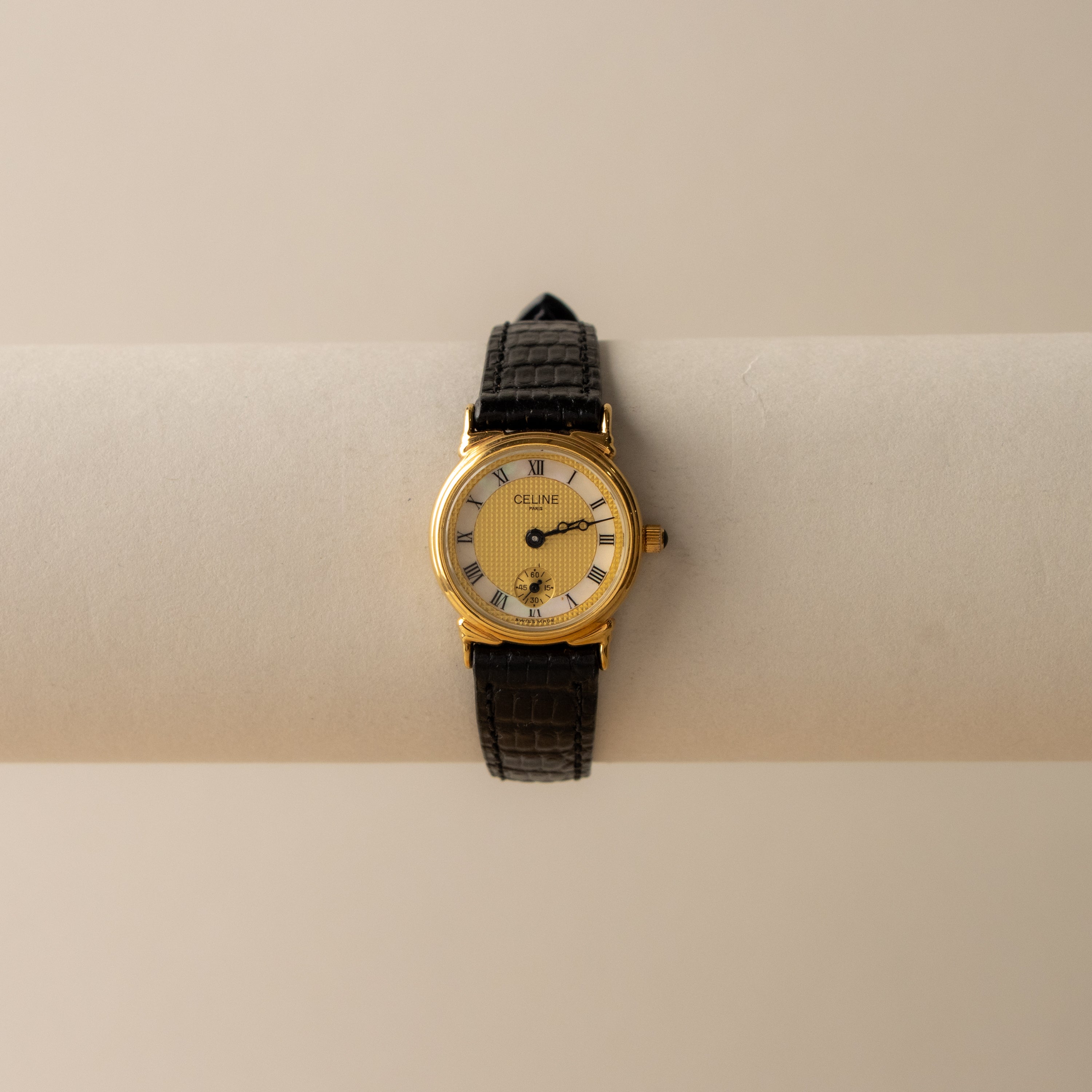 Vintage Celine Pearl Dial Leather Gold Watch