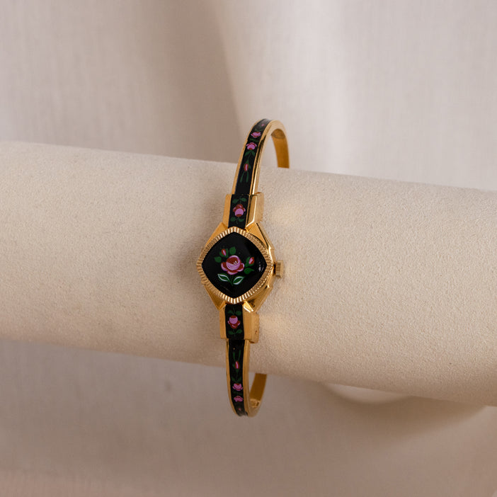 Vintage Swiss Clowat Floral Cuff Gold Watch